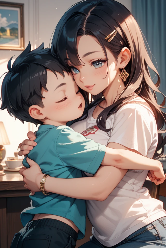 (Boy is sitting on mom's lap:1.2).The boy is 15 years old.Boy with a wide forehead.