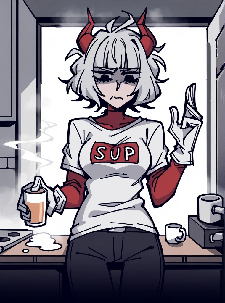best quality, masterpiece, best shadow, shade, beautiful lighting,  modeus with heart shapes and heart shaped pupils, coffee shop, night, colored lights , (naked apron:1.1)