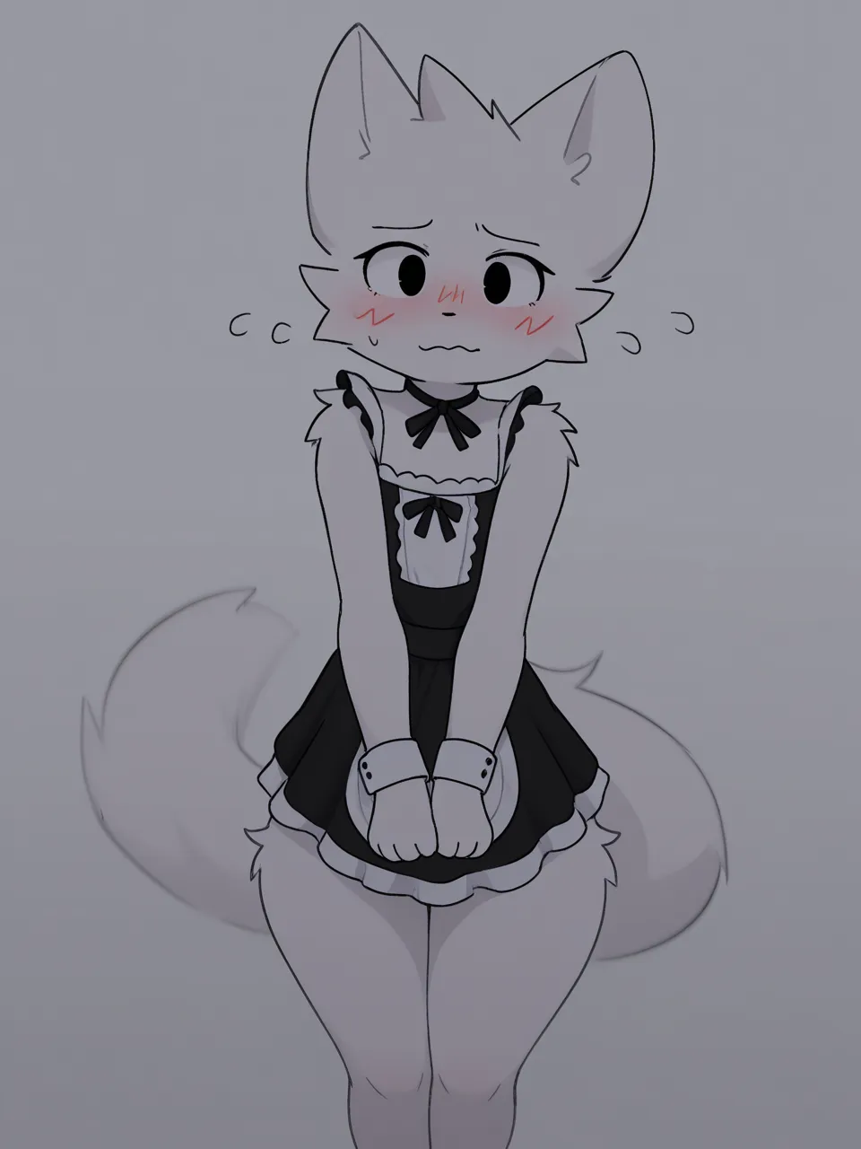 furry comic girly male white cat, two tone color hair, seductive pose, in a dark room, small penis, in a dark room, wearing fishnet clothes, smug face, presenting ass
