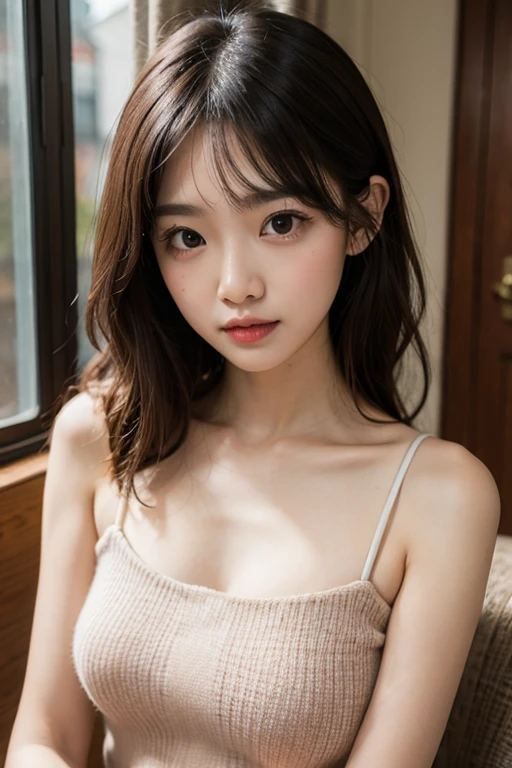 Masterpiece、Raw photography、(((Ultimate Beauty Portrait)))、((glistning skin))、close mouth、no mask、dark brown eye、teen、highschool girl、age 15、natural make、short bob、((​masterpiece、top-quality、ultra-detailliert、intricate-detail、hight resolution、highly detailed))、8KUHD、Digital SLR、Soft light、high quality 、Shallow depth of field、natural soft light、Shy smile , Beautiful skin, ((of the highest quality, 16 K, masterpiece: 1.3)), 1 girl, Light on Face, hyper detailed face, very detailed lips, Detailed eyes、real looking skin、(cotton white panties:1.4)、W sitting、(pink nipples:1.3)