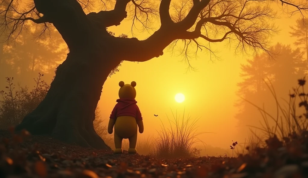 ((Image of Winnie-the-Pooh in the hundred acre wood)), adorned with honey and honey-bees, solo, Masterpiece, 8k, sharp image, highest-quality, intricate details, fractal, highly detailed, micro-details, micro-details within the micro-details, sharp edges, detailed textures, wide angle, cinematic view, full view, atmospheric lighting, visually stunning, high contrast, trending on artstation
