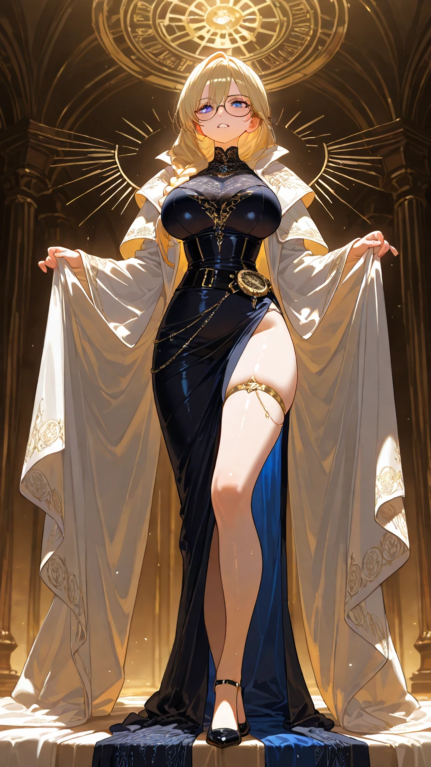 portrait, long hair, white hair, golden eyes, 1girl, head, face, magical girl, absurdres, masterpiece, best quality, ((magical girl costume)), ((mahou shoujo)), short hair, desolation, ruins, dynamic pose, apocalypse, spellcasting, (full body shot), detailed background, large breasts, studio quality, 8k, (photorealistic), ((detailed)