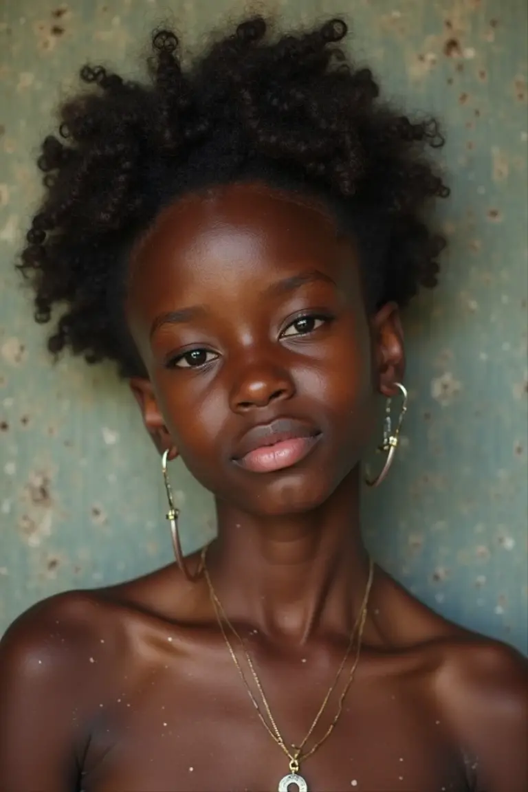 very thin beautiful young naked black girl with dark skin and small naked breasts and dreadlocks is lying on a garbage dump in the dirt, her body is dirty and wet