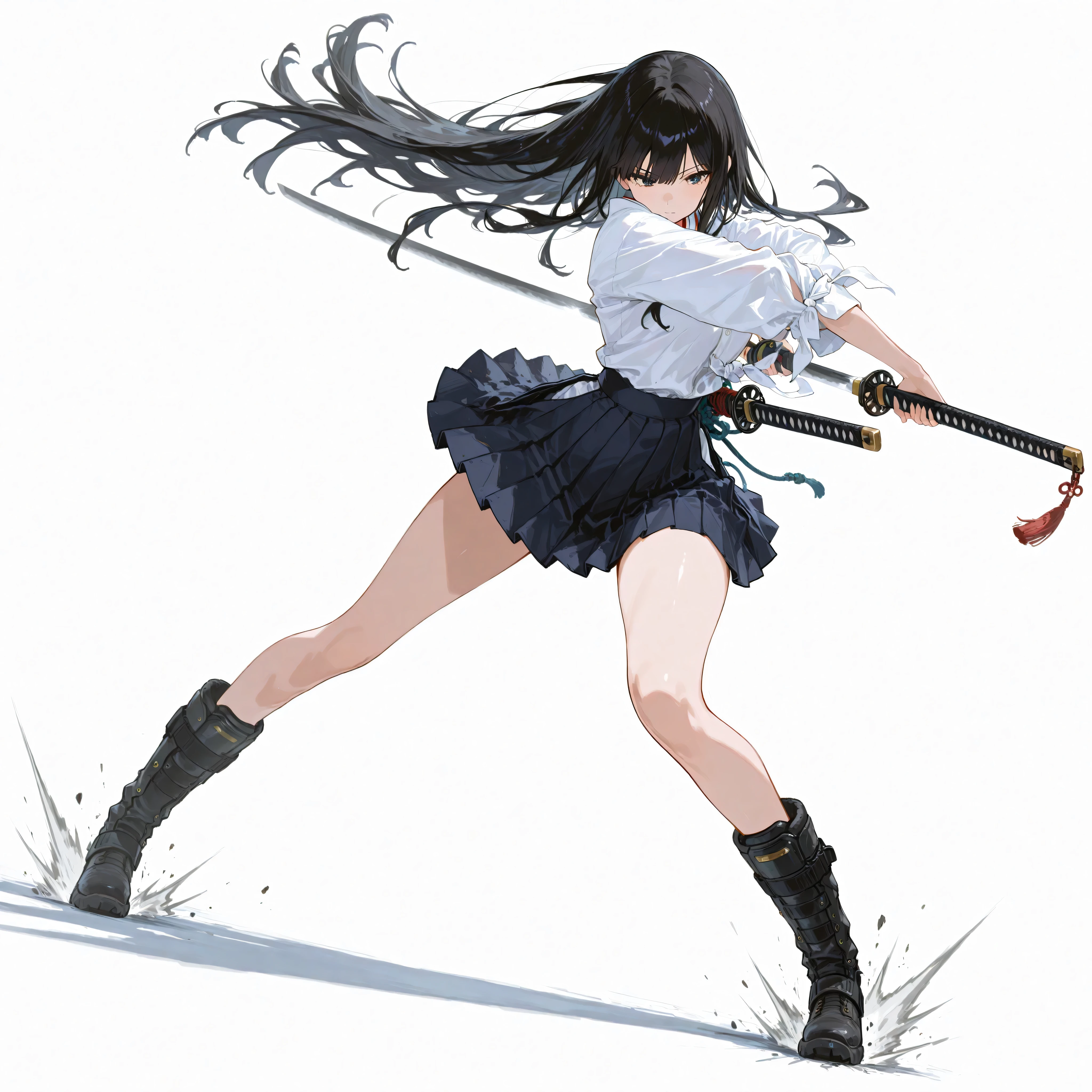 katana,Japanese woman wearing blouse shirt and miniskirt, Long Black Hair, , Disconnect, excessive pressure, pleated skirts reversed dynamically, Tactical Long Hard Boots, has Japanese swords , Pose, dynamic angle, Preparing for Battle, ダイナミックPose, random background, white background//uniform/