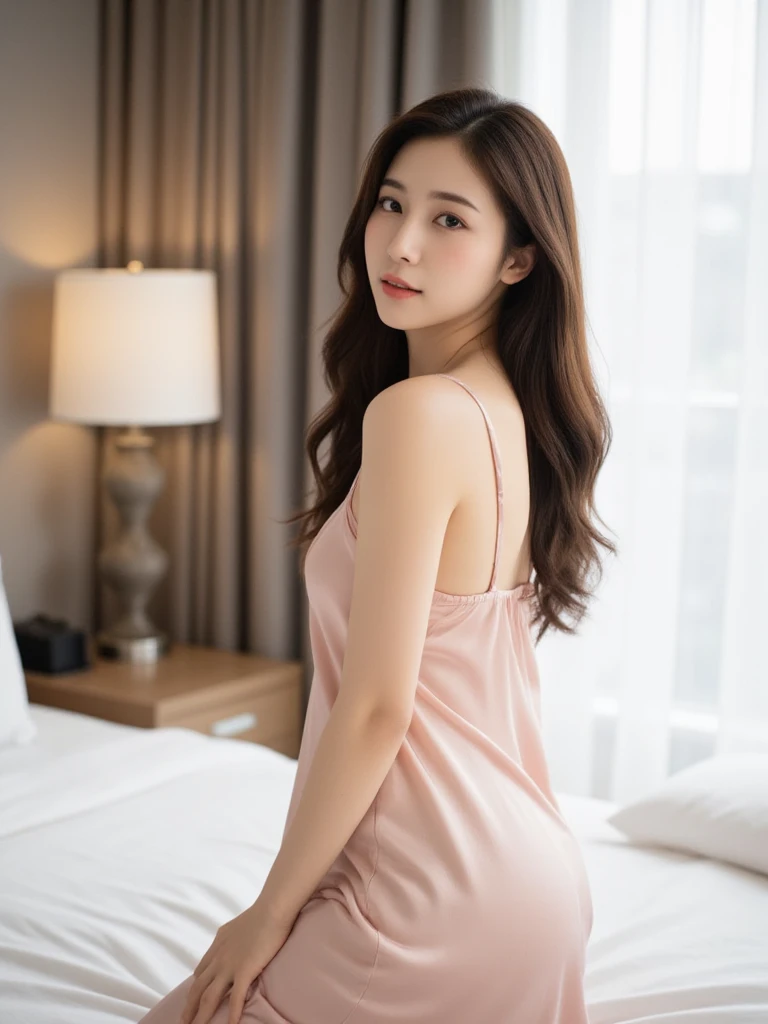 1 Girl,hotel,Soft Light,Chinese Beauty,Tight Fit,Silk Nightdress,