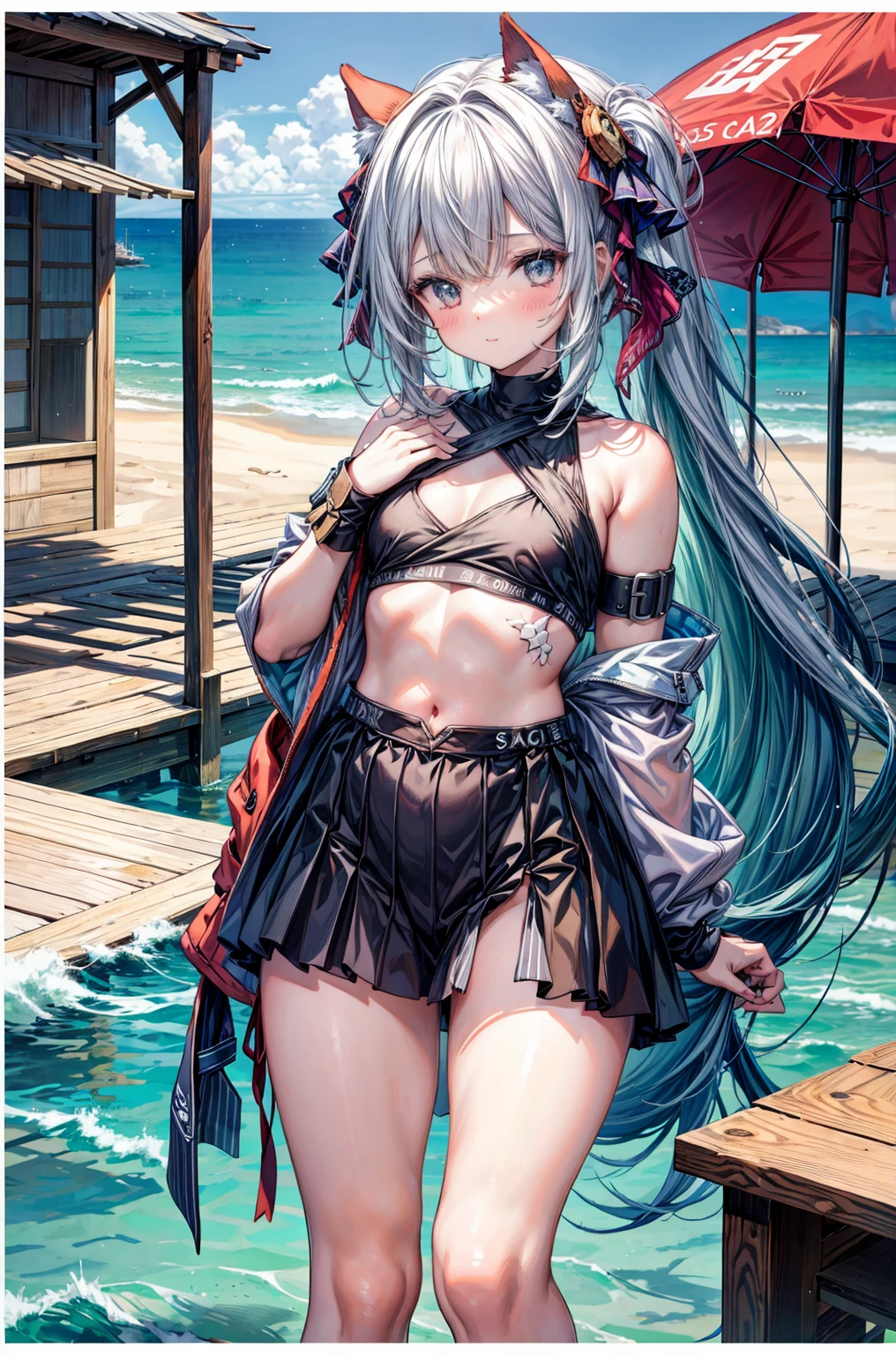 1girl, solo, large breasts, faruzandef, embarrassed, ;o, one eyes closed, beach, sitting, crossed legs, arm up, arm behind head, armpits, from below