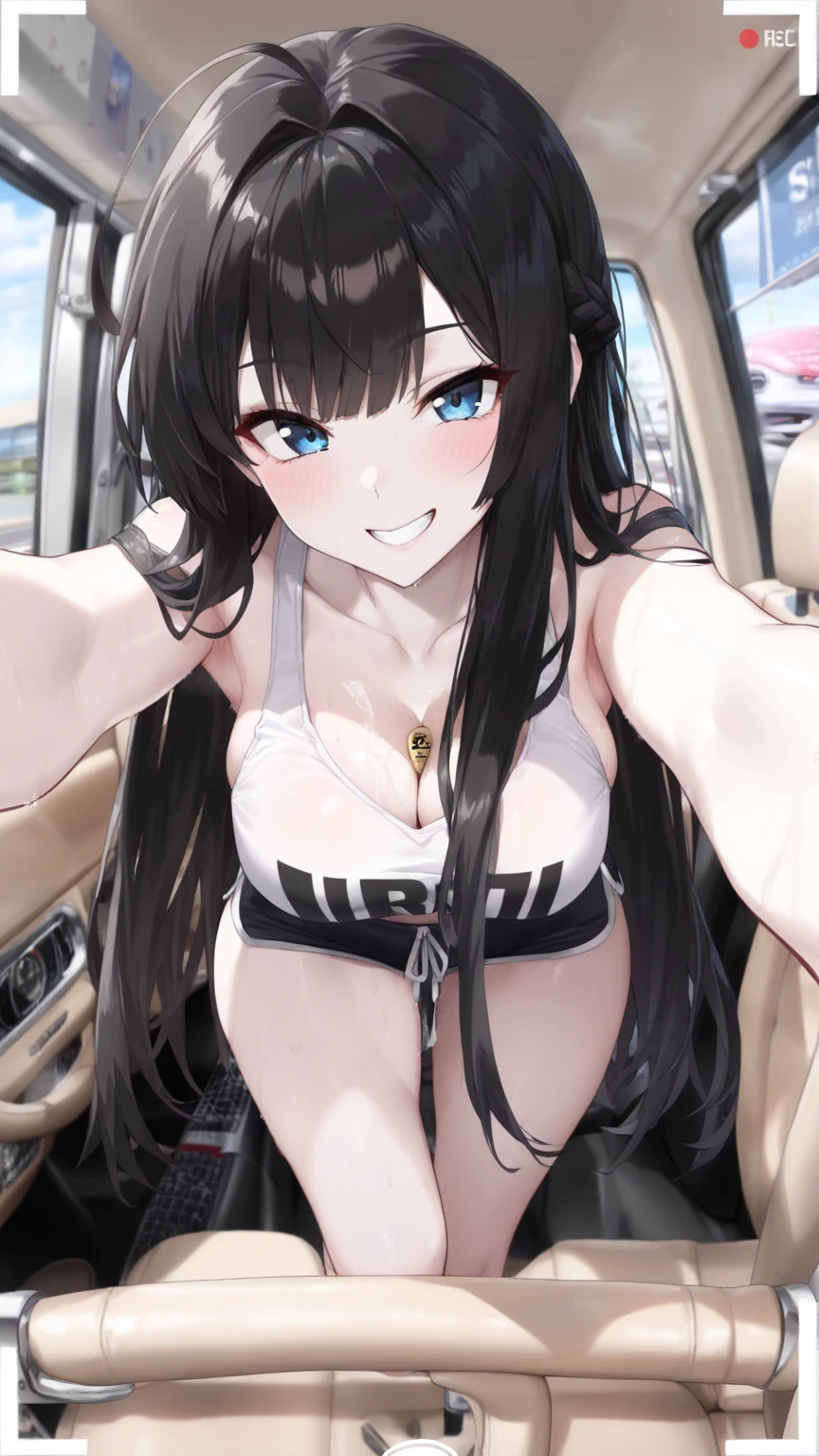 (1) One woman stands wearing a purple lace bra and panties。.
(2) she has long black hair.
(3) her face is smiling and laughing.
(4) The location is a convenience store parking lot..