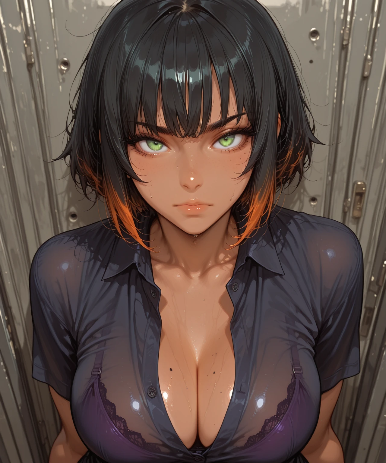 fubuki, fubuki, Dark green hair, Green Eyes, short hair, (Large Breasts:1.2), good, panties, black good, black panties, Portrait Shot, Upper Body Shot, Face Focus, Close-up shot, only Upper Body Shot, break indoors, office, break looking at viewer, break (masterpiece:1.2), Highest quality, High resolution, unity 8k wallpaper, (figure:0.8), (Beautiful attention to detail:1.6), Highly detailed face, Perfect lighting, Highly detailed CG, (Perfect hands, Perfect Anatomy), A proud smile