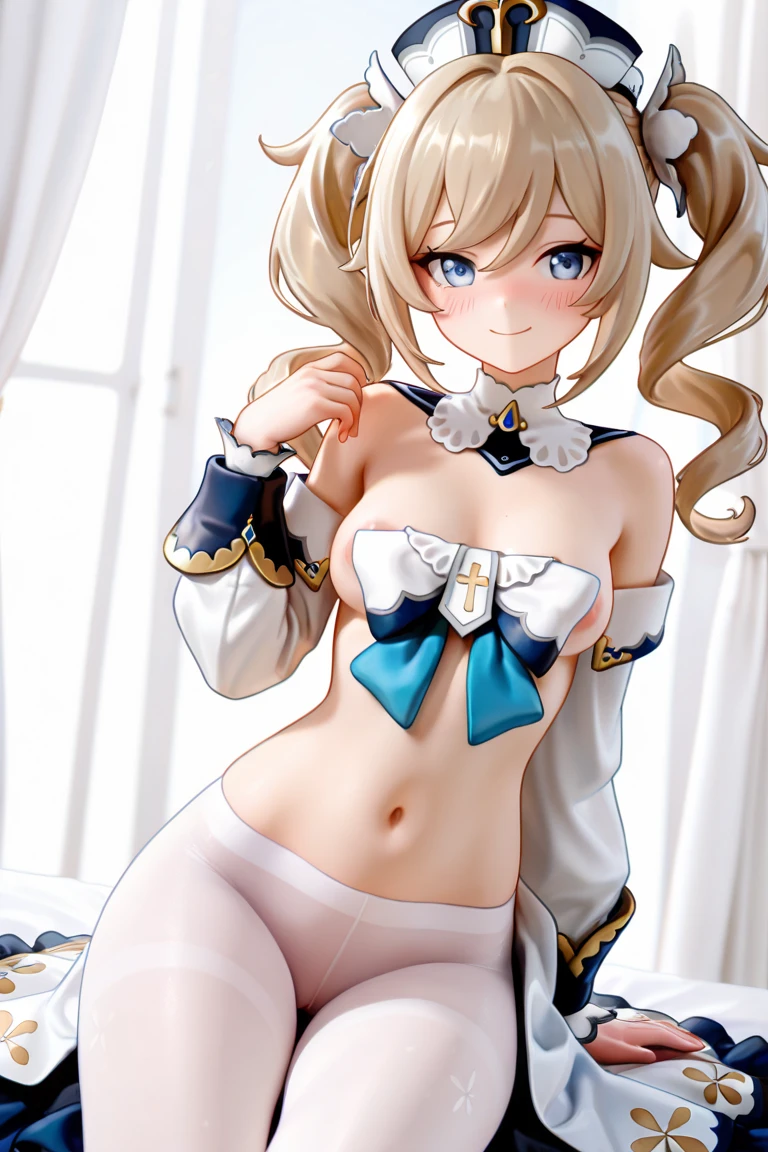 (masterpiece, best quality:1.2), 1girl, solo, blond hair, blue hairband, blue hair ribbon on the left, white-blue bra, black gloves, knight skirt, gray background