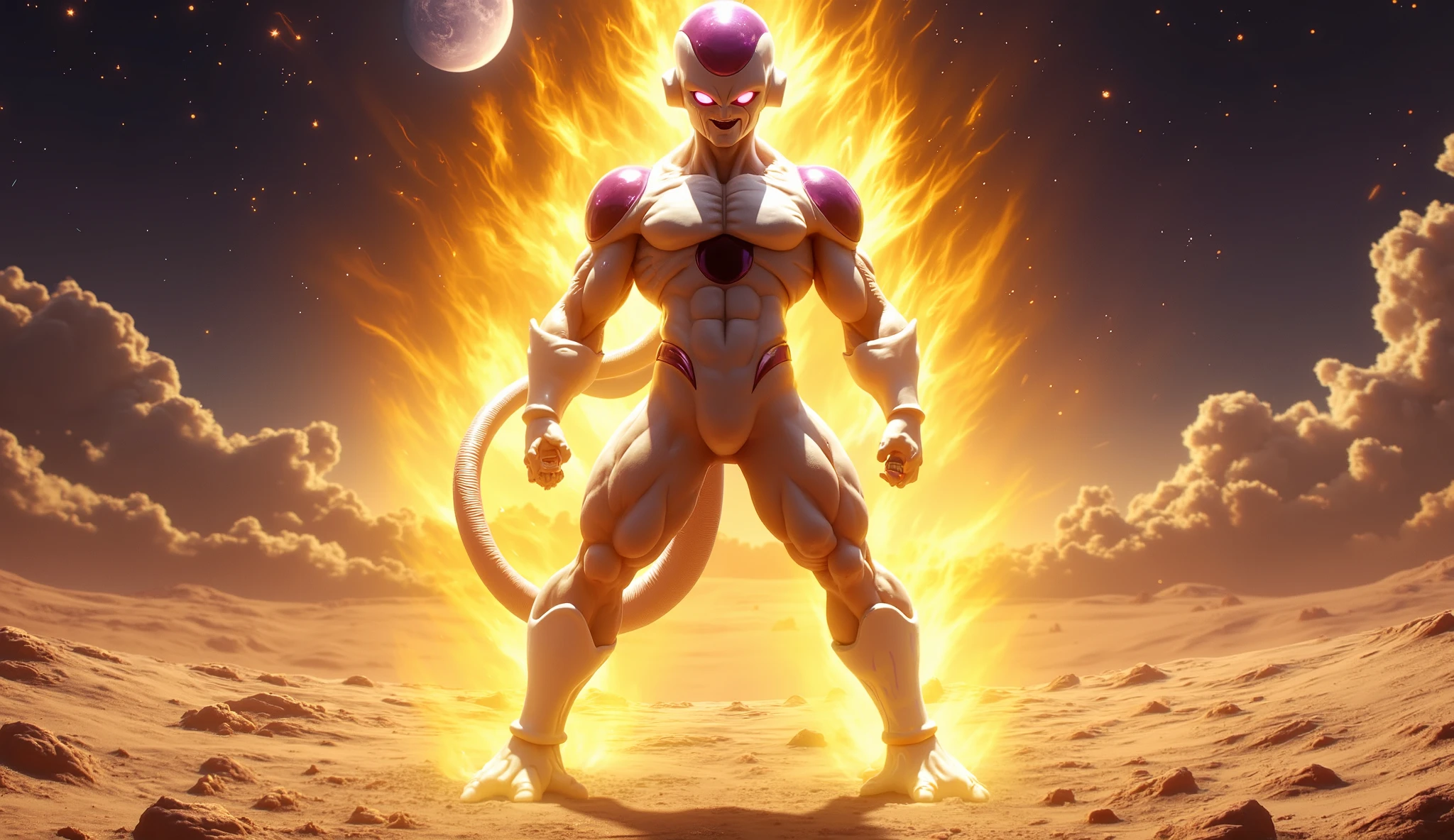 Golden Frieza from Dragon Ball Super, waist‑up or thighs‑up portrait, standing with a sinister grin and evil laugh. His golden‑violet aura flares majestically around him. He has muscular form, glowing red eyes, and purple facial stripes. The background is a barren lunar landscape with craters and Earth visible in the distant sky. Dramatic moonlight casts long shadows and subtle moon dust particles swirl. Cinematic 3D anime style with realistic textures, glowing light effects, and high contrast lighting.