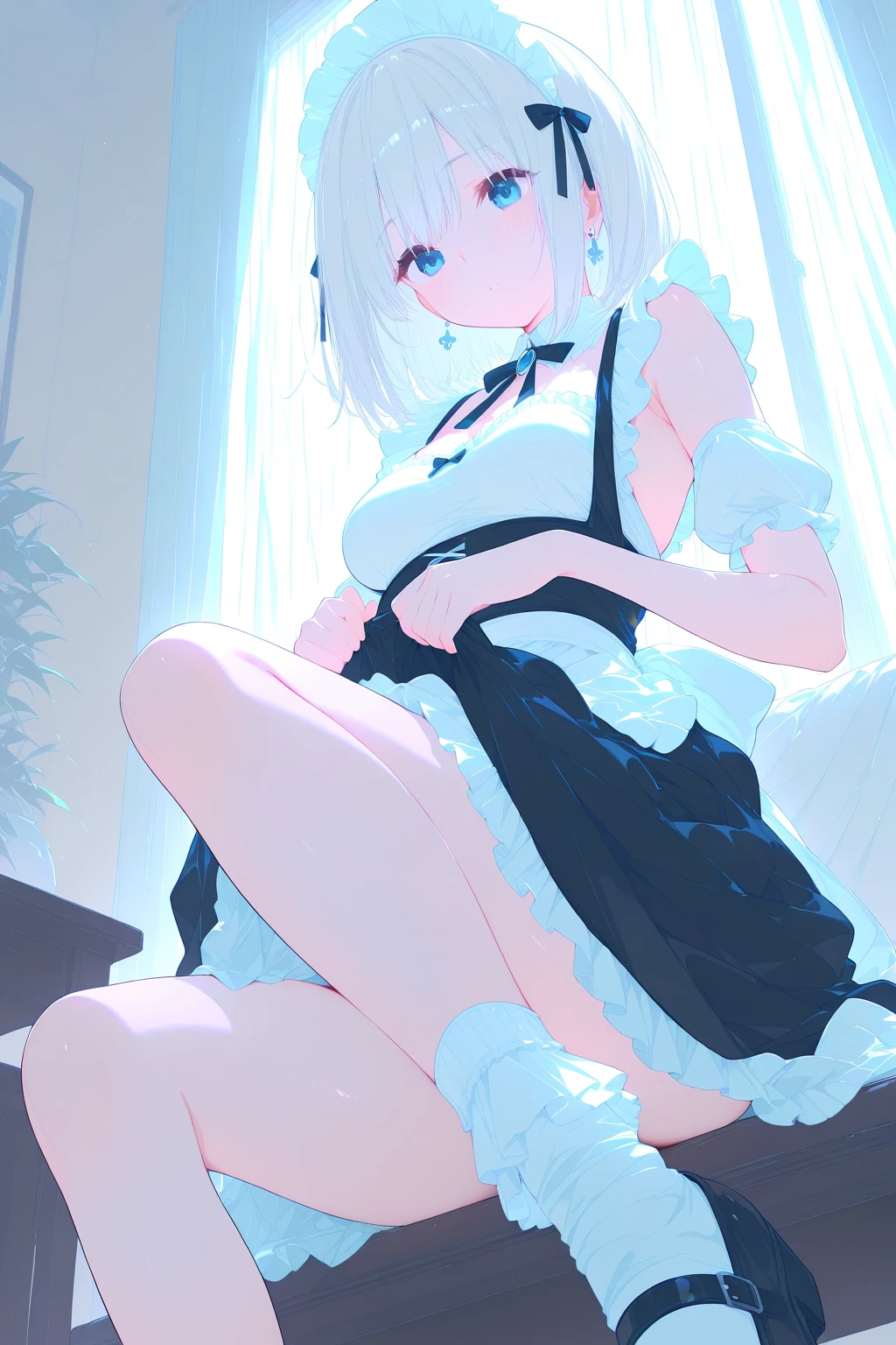 highest quality, Tabletop,Things to know, Not enough, One Girl, gloves, Elbow Groove, choker, (((White mini dress:1.3)))、Thighs, Watery eye、Official Alternative Costumes, chest, clavicle, ponytail, 白いgloves, chestの谷間, Exposing shoulders, short hair, Parody, 青いchoker, Hair 弓, Blue Ribbon,((( Skirt lifted、Cute Panties)))、sit、(((Open your legs wide)))
