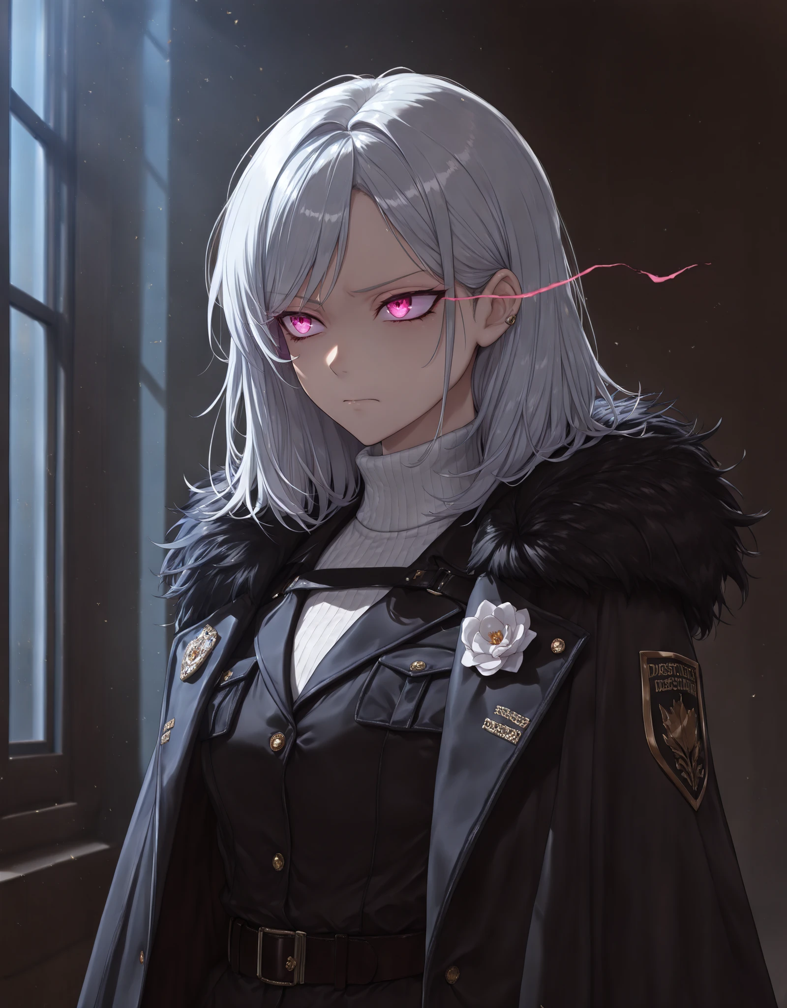 (looking at viewer, glaring at viewer, cowboy shot:1.22), kubrick stare, tsurime narrow eyes, predatory eyes, (portrait, standing at attention, disciplined, side shot, medium shot, three quarter shot:1.5), mature, (1girl:0.75), solo, masterpiece, best quality, amazing quality, very aesthetic, high resolution, ultra-detailed, (soft shading, soft shadows, volumetric light:1.14), silver hair, medium hair, exposed ear, small chest, window lighting, warm evening, sunshine, tilted head, turning head, parted hair, pink eyes, demure, soft eyes, relaxed, glowing eyes, rune eyes, white turtleneck sweater, tsurime, expressionless, glare, kuudere, jewel eyes, white flower, bleeding flower, royalty, hands to herself, princess, soft, black uniform jacket cape, casual warcore, techwear, soldier, royal guard, jacket cape, aura, gentle energy waves, eye trail