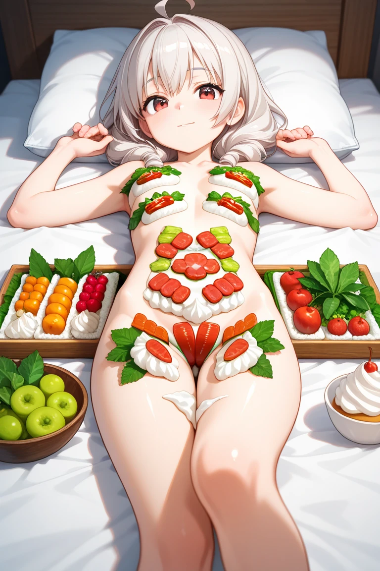 nyotaimori, lying on bed, vegetable, fruit, whipped cream, masterpiece, best quality, ultra detailed, bedroom, on bed, blush, Black Hair, Long Hair, (nude:1.3)