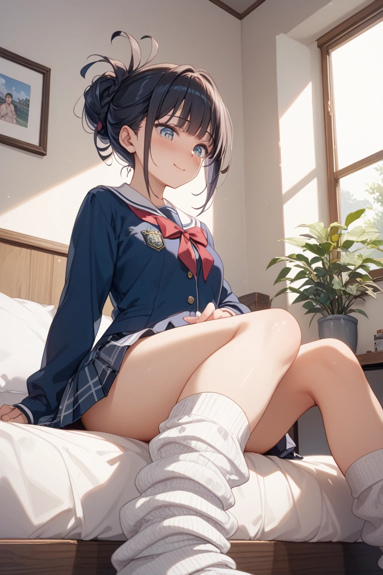 Beautiful  girl, school blazer, (skirt), (blue sports briefs), (blue bloomers), black ponytail, smiling, sitting, (skirt flipping), underwear, NSFW, 6 years old, (young: 1.8), fig crotch, school, masterpiece, anime, high quality,