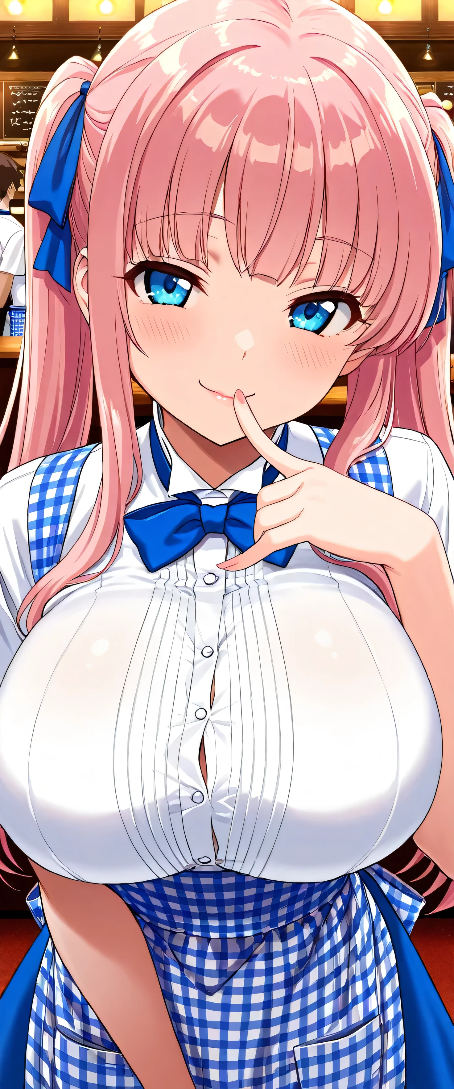 (beautiful girl: 1.3),masterpiece,Please redeem,Ultra-high resolution,Rich contrast,Very high quality,8k,Highly detailed CG unit wallpaper,Texture,So ridiculous,RAW Photos,Please redeem anime,Depth of written boundary 1.2,nodoka_haramura, 1girl, pink hair, twintails, long hair, blue eyes, ribbon on twintails, huge breasts,crew, blue bow, blue bowtie, white shirt, short sleeves, blue skirt, blue apron, gingham apron, employee uniform, high-waist skirt, waitress,kobeya uniform,restaurant,light smile,(The customer is doing naughty things to me:1.5),((blue ribbon))