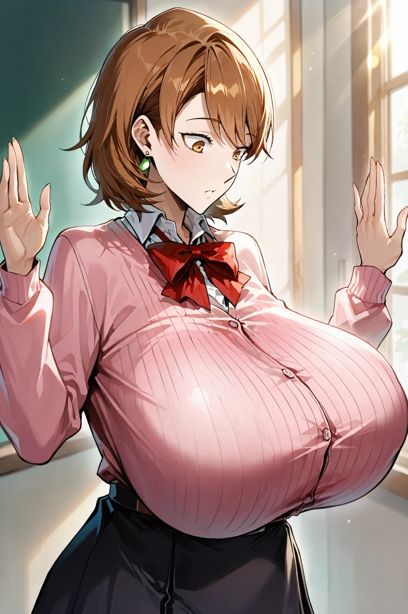 sfw, (yukari from person 3) takeba yukari, 1girl, Alone, short hair, bangs, brown hair(yukari hair, brown hair) (detail yukari face) ,yukaridef, gekkoukan high school uniform, Pink cardigan, red bow, long sleeves, black skirt, earrings, white chokerBest Quality, High Resolution, 1girl in,( from the side) () Details Girl, detail hands,  detail fingers , detail face, detail 1girl in, looking down,  (()), , () ( stretched clothes) (heavy saggy breasts) (covered breasts), (quiet shame emotions), (), , () sunlight shafts , perfect lighting, cinematic composition, highly detailed, Photorealistic, 8K, best quality ,  hyperrealisim , (), hyper breasts
