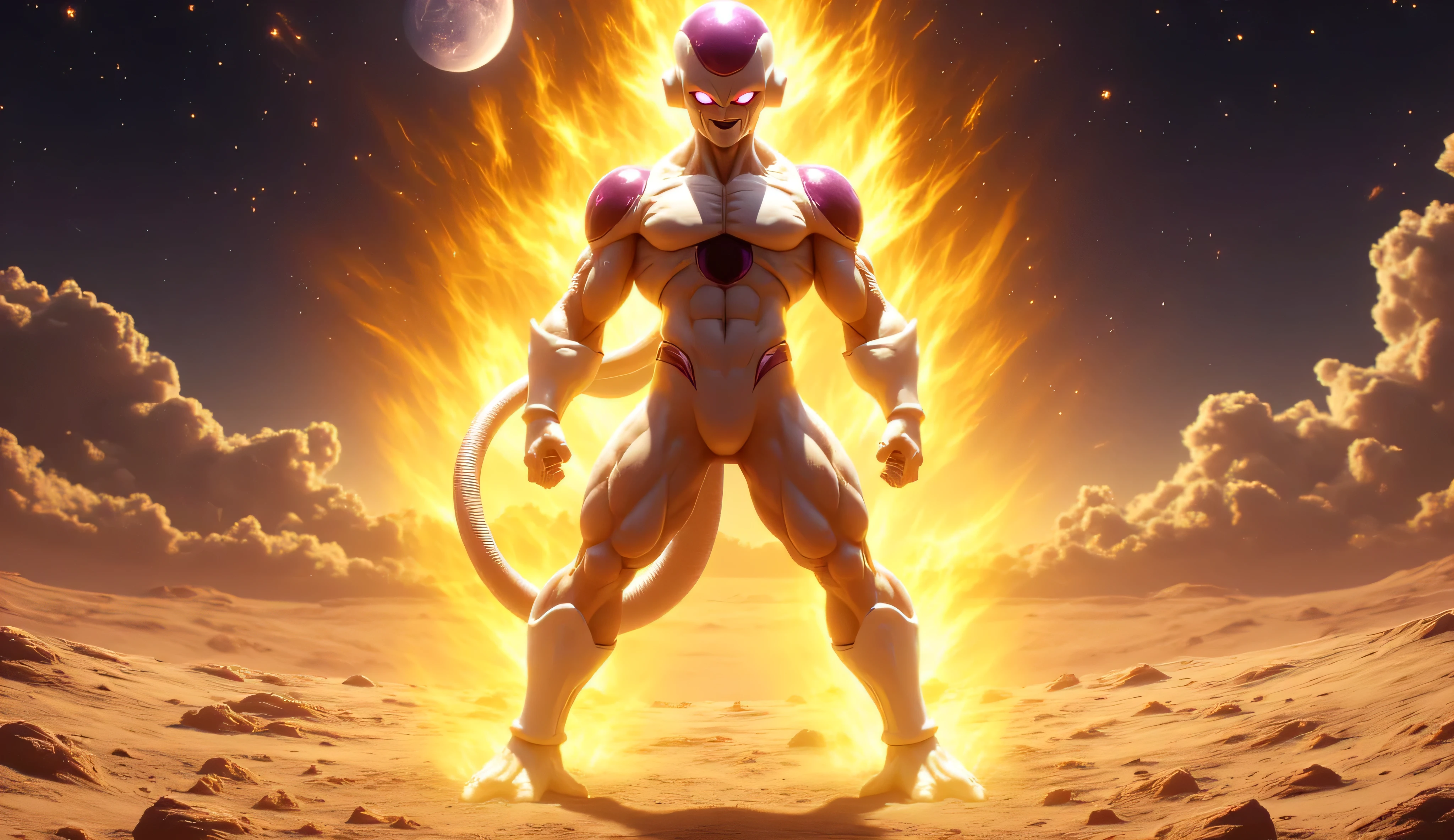 Golden Frieza from Dragon Ball Super, waist‑up or thighs‑up portrait, standing with a sinister grin and evil laugh. His golden‑violet aura flares majestically around him. He has muscular form, glowing red eyes, and purple facial stripes. The background is a barren lunar landscape with craters and Earth visible in the distant sky. Dramatic moonlight casts long shadows and subtle moon dust particles swirl. Cinematic 3D anime style with realistic textures, glowing light effects, and high contrast lighting.