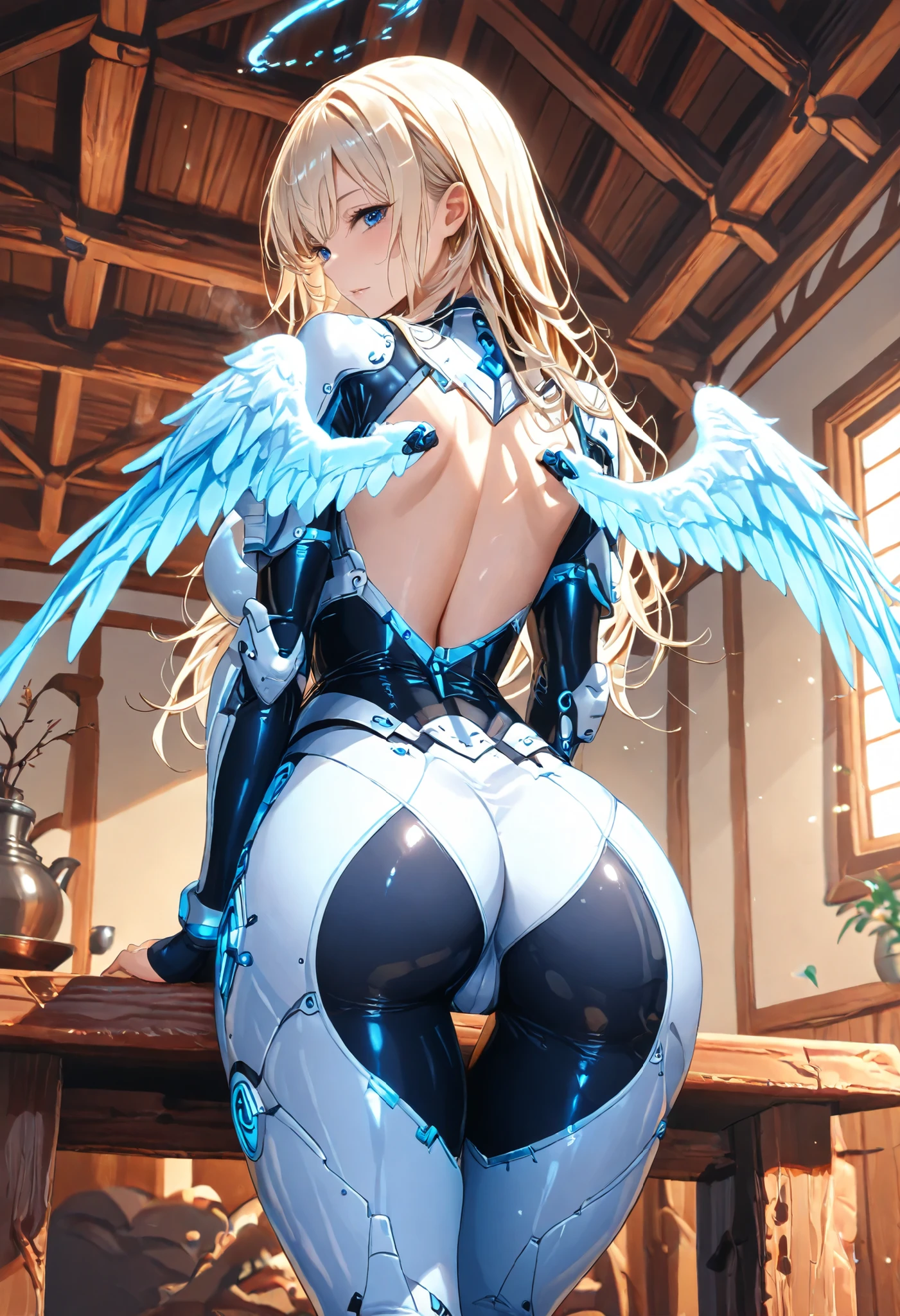 (((masterpiece))), (((best quality))), ((ultra-detailed)), (illustration), ((an extremely delicate and beautiful)), ((super detail)), ((high resolution)), (((nsfw))), ((cybernetic)), (futuristic), (biopunk), (fantasy), full body, stylish, (seductive), (((erotic))), (((20 years old))), metallic cloth, (pussy juice), camel toe, (maid), (android), ((mechanical wings)), delicate metal decorations, gleaming skin, shiny body, two legs, ((((female masturbation)))), soaking wet, breast focus, (((tall))), slender legs, ((big round eyes)), cute eyes, drooping eyes, ((adult)), (right hand on the clitoris and left hand on the breast), two hands, ((open legs)), spread legs, five fingers, no extra hands, elegant smile, braid, medium length hair, (((ultra-huge breasts))), ((metallic blue)), ((dark blonde)),