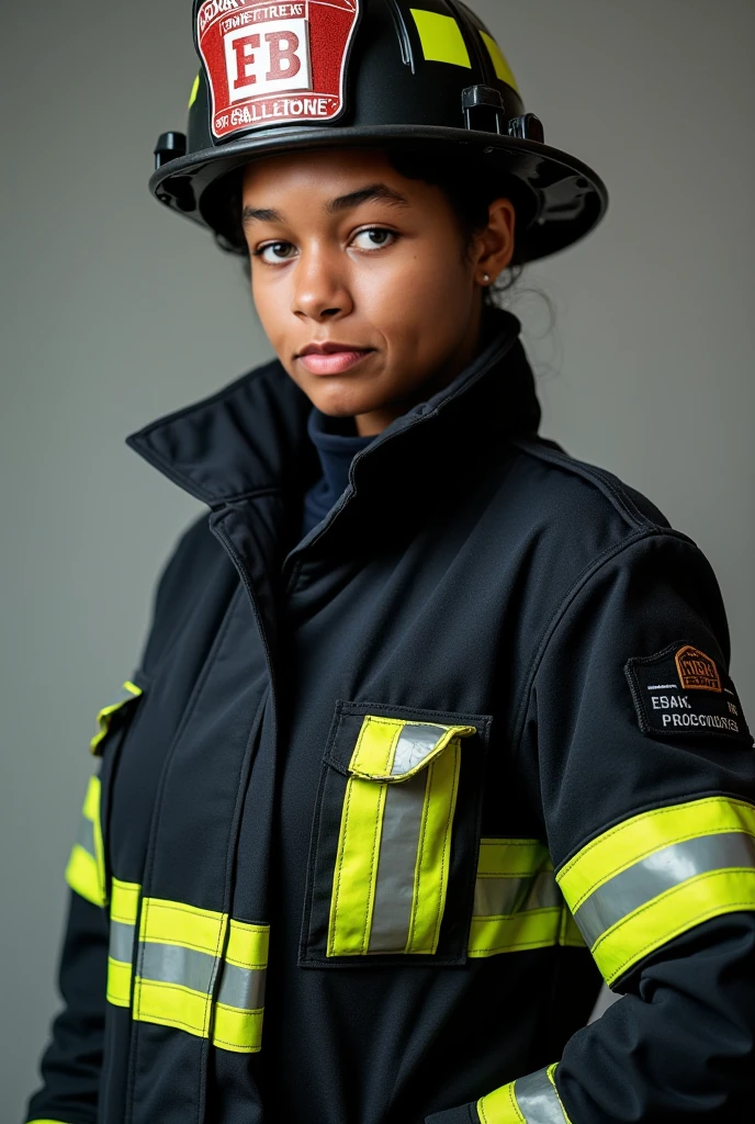 (medium full shot) of (vivacious young woman:1.1) firefighter, black american with fringe hair, dark eyes, dark skin, curvy, wearing Flame-retardant coat with reflective patches, turnout pants with reinforced seat, traditional firefighter helmet, insulated boots, rope and harness, smiling at the viewer, making a superhero landing pose, set in fire station, Lounge, Relaxing area with comfortable sofas, bean bags, a fireplace, board games, bookshelves, and a coffee table , at sunset ,Masterpiece,best quality, photorealistic, amazing quality, very aesthetic, extremely detailed face,