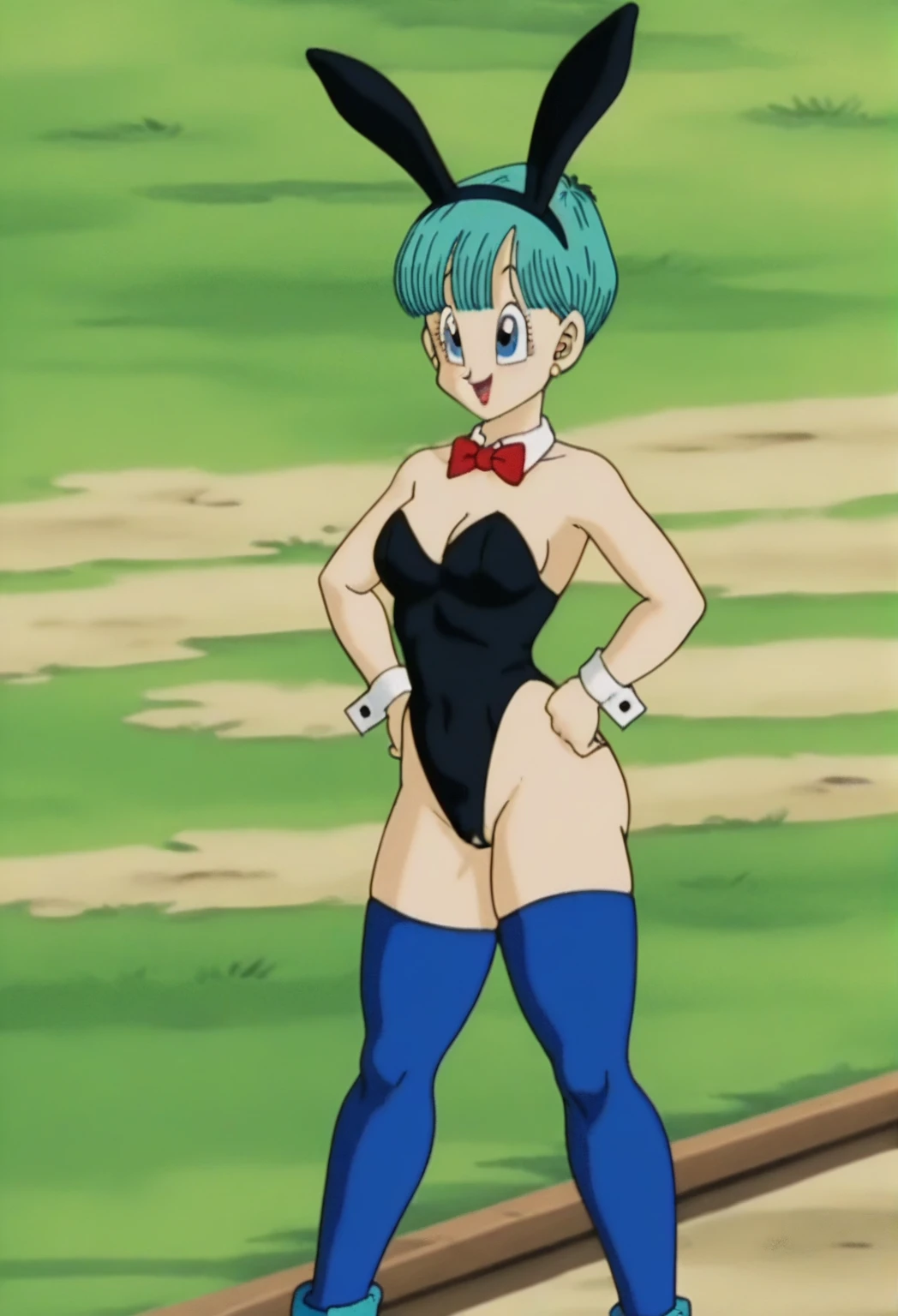 source_anime, score_9, score_8_up, score_7_up, anime screencap, bulma, 1girl, solo, breasts, looking at viewer, annoyed, long hair, aqua hair, fringe trim, blue eyes, standing up, ((black bunny suit)), sexy, thick thighs, ((blue pantyhose)), ruins, bunny ears, red bow tie 
