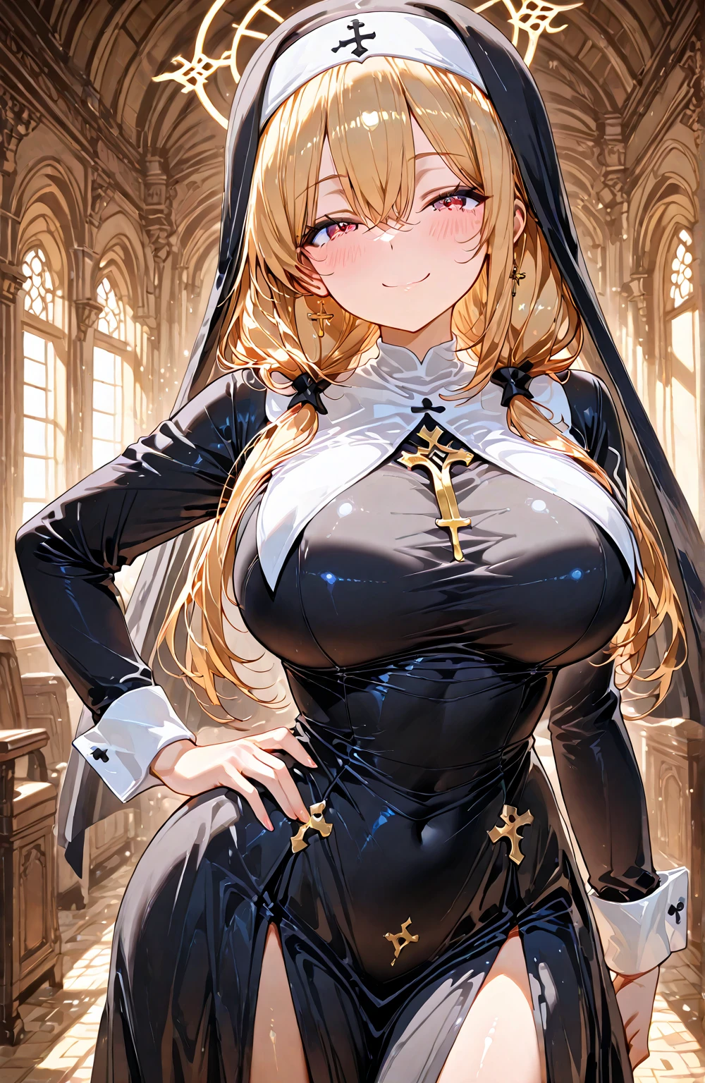 masterpiece, best quality, highres, clearire1, 1girl, sister cleaire, white capelet, full-length zipper, nun, long hair, white gloves, habit, kneehighs, black socks, long sleeves, black dress, large breasts, parted bangs, long dress, ribbon, light brown hair, very long hair, blonde hair, corruption, crazy smile, open mouth, (dark magical girl), dark theme, dark persona praying, kneeling, own hands together,