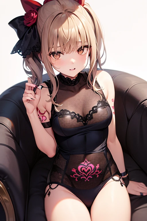 realisitic、top-quality、1girl in 、Cat's ears、Maid Headband Gray Hair , Wavy Hair ,Saliva、Heart shaped pupils,  orgasm  ,Pink Sequin Bikini , Black PVC gloves 、all-fours