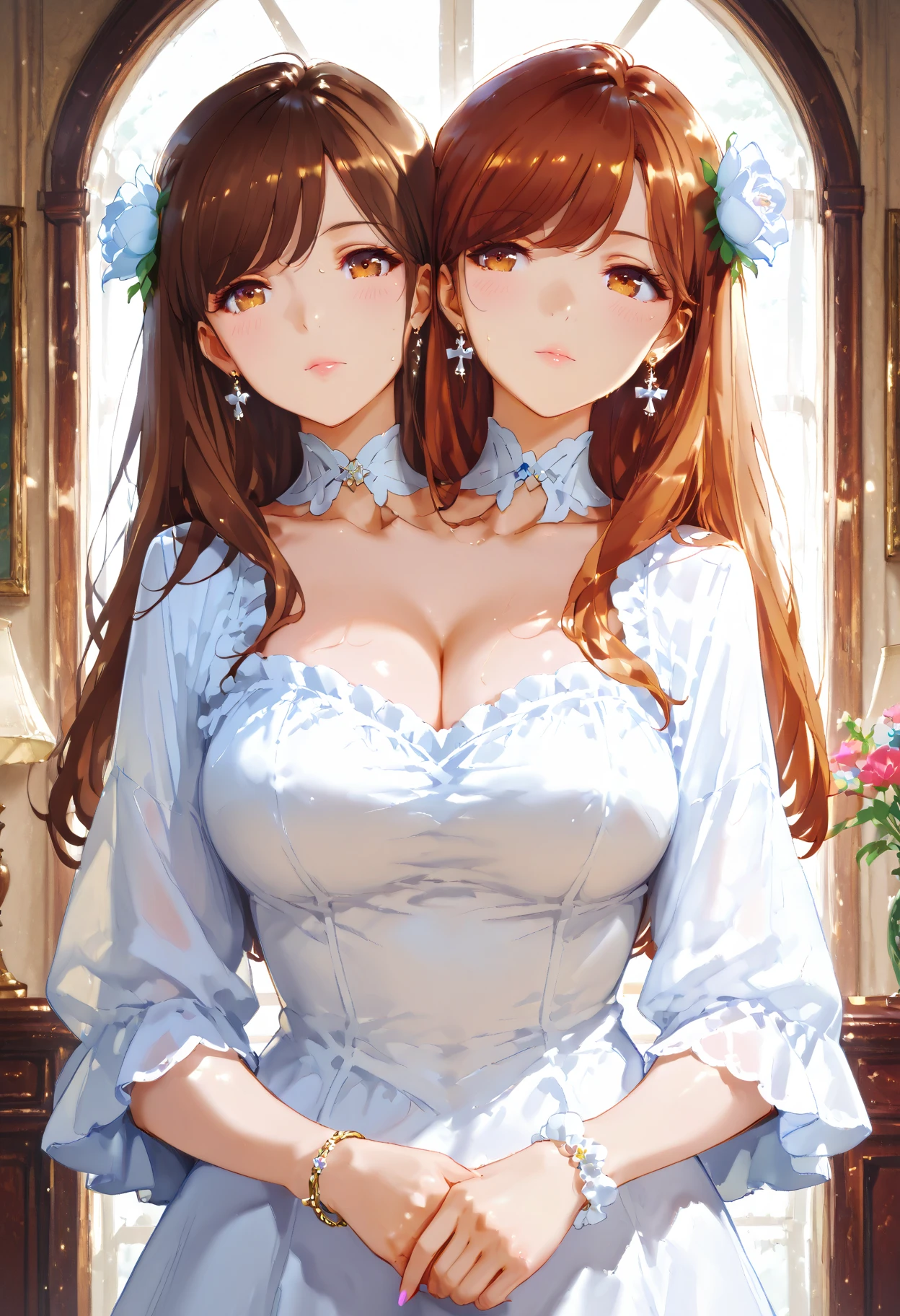 (Masterpiece:1.2), ((best quality:1.2)), ((illustration:1.2)) ((ultra-detailed:1.2)), hyper details, (delicate detailed), (intricate details), (cinematic light, best quality Backlights), clear line,
((2 girls:1.5))
1.(16 years old) medium breast, medium ass, beautiful face, blonde bob with tousled short hair, masterpiece, fine details,orange eyes, sideburns, hair between eyes, detached_sleeves, bare shoulders, white dress, smile, white flower hair ornament, bare shoulders, bare hands.
2.(18 years old) , a cute girl, , beautiful, beautiful blue eyes, ((beautiful eyes)), pink long hair, middle breast, smile, cleavage, ((red dress ))