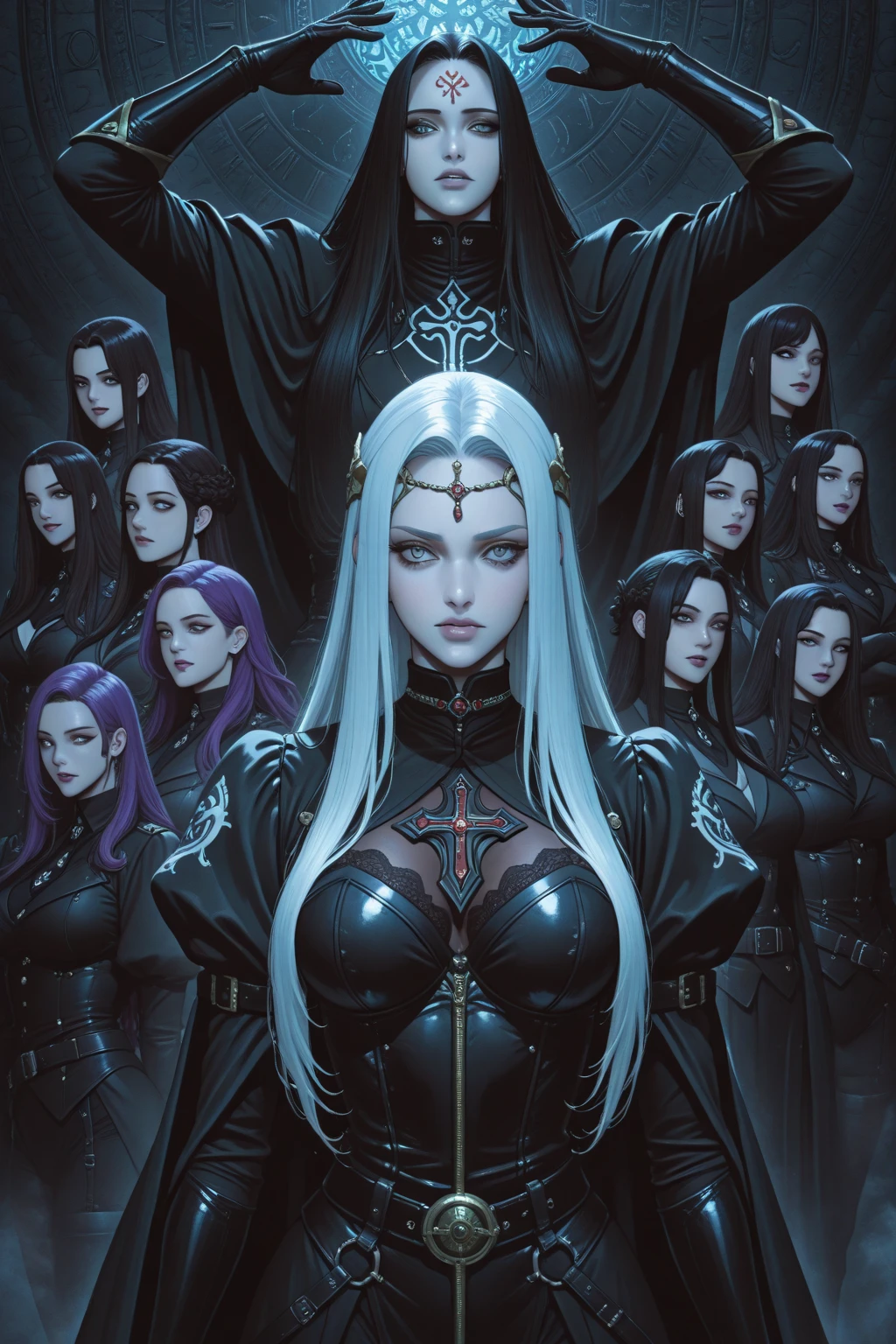 Masterpiece, Professional, High Definition - quality, sharp focus, perfect artwork, Best Illustration, trending on artstation, UHD, 4k, full body, NSFW
full body view, mature face, defined cheekbones, long hair , Perfect Beautiful , robot Face , chrome skin , silver arms, silver face, silver legs, android woman , metallic android , long Hair , Black Gothic Nun Dress , Athletic Body , metallic legs , Realistic Lighting , Gothic Makeup , Posing Like a Model , Look at Viewer, cool lighting, cool ambiance light, high cheekbones, muscular, sexy bimbo, gigantic breasts, detailed face,beautiful woman, shiny skin, scribbles and marks, puffy lips ,