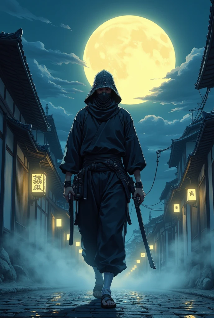 Solitary, 1 boy, permanent, Male focus, It rains in the city, hood, From the back, cloak, Skull wearing white Japanese mask, robe, , Glowing blue