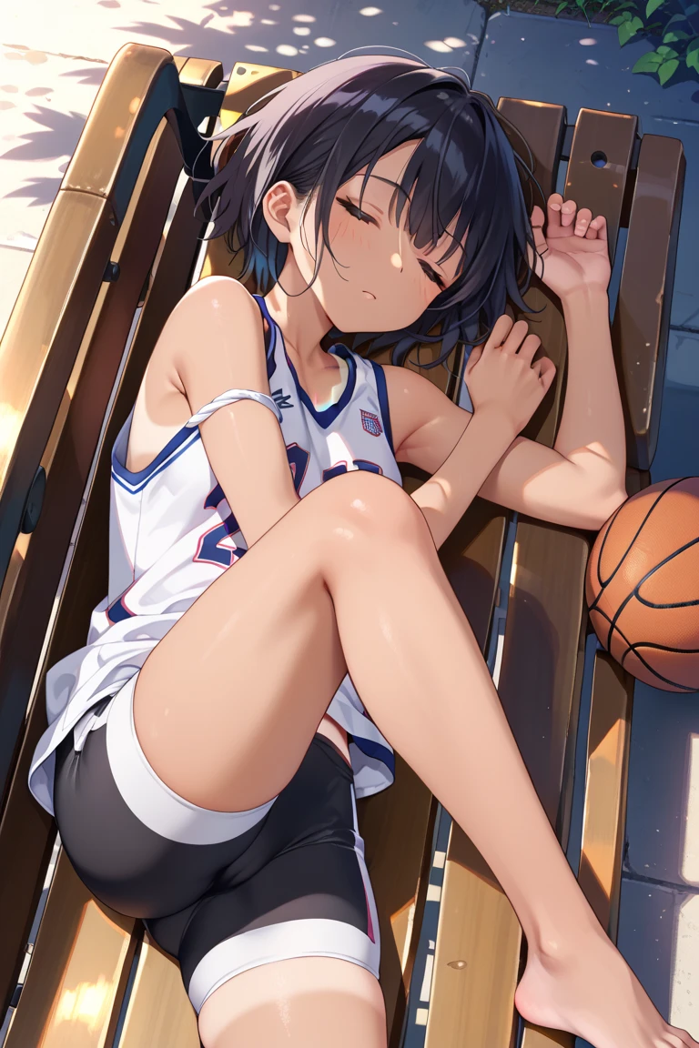 absurdres, RAW photo, extremely delicate and beautiful, masterpiece, Best Quality, ultra high resolution, 32k, hyperrealistic, ultra-detailed, Very detailed CG 8k wallpaper, Beautiful Lighting, Perfect Lightning, Realistic Shadows, perfect anatomy, super Detailed skin, Japanese woman, late 20s, very Slim body, narrow waist, very small head, handsome detailed woman, very detailed eyes and face, realistic face proportions, Stunning detailed eyes, Realistic beautiful face, very small face, Realistic small beautiful eyes, tearful mole, earring, beautiful and very thin legs, beautiful and very thin thighs, very huge round breasts, medium hair, black hair, full body shot, (volleyball uniform:1.2), (shorts), bed,