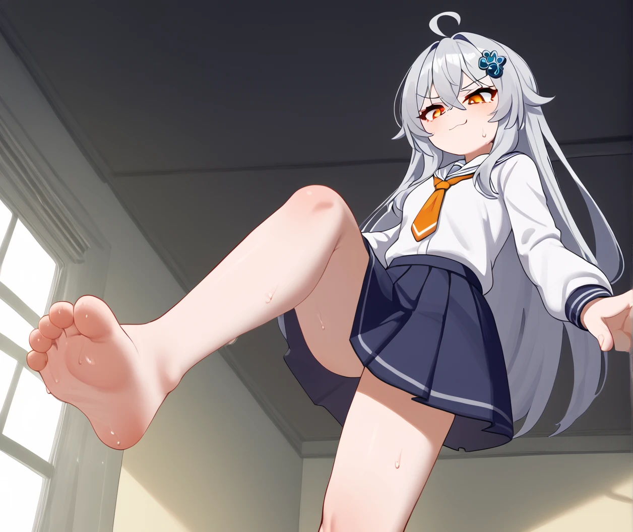 1girl, ultra high res, white shirt, gym shorts, smile, open mouth, very low angle view, feet, looking down at viewet