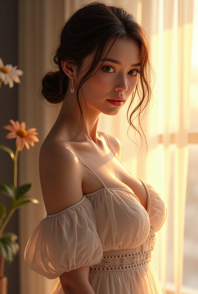 (photorealism:1.2), beautiful woman, sitting on bed, wearing loose off-shoulder top, pajama pants, long curly hair, indoors, soft a woman wearing indian sharee and deep neck blouse and her breast peeps out from her clothes.her breast is in big size and perfect shape. Big eyes and freckles hair. most fair complexion , plants in background, window with sunlight, cozy room, relaxed pose, realistic, intricate details, warm colors, by Greg Rutkowski, by Alphonse Mucha