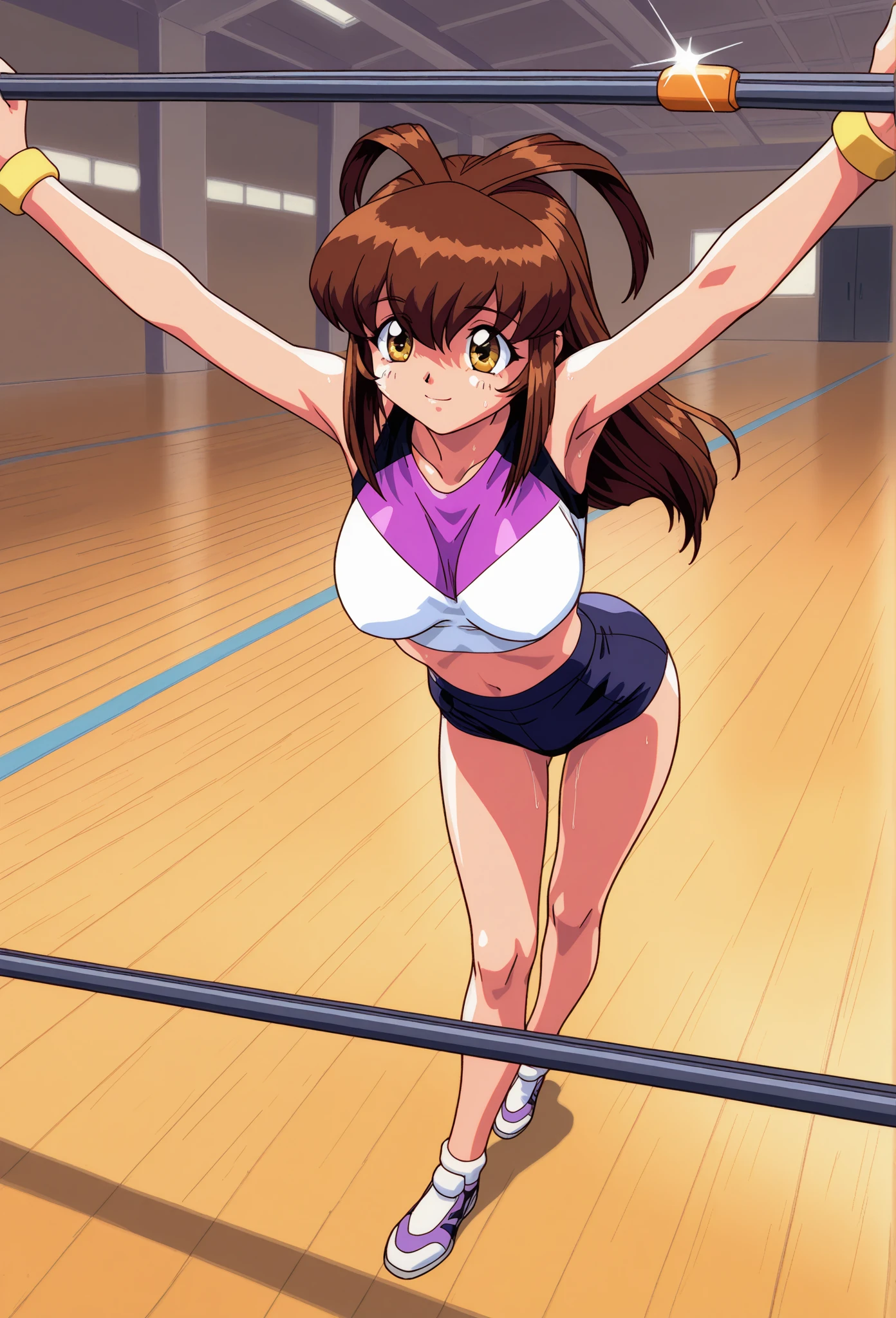 gymnastics, (leaping up), (tossing rings), pink leotard, cameltoe, (erect clitoris)(protruding labia), large round breasts, erect nipples, Narrow constricted waist, small hips, (light brown)ponytail, white ribbon, Dark Eyes, Blue eyes
