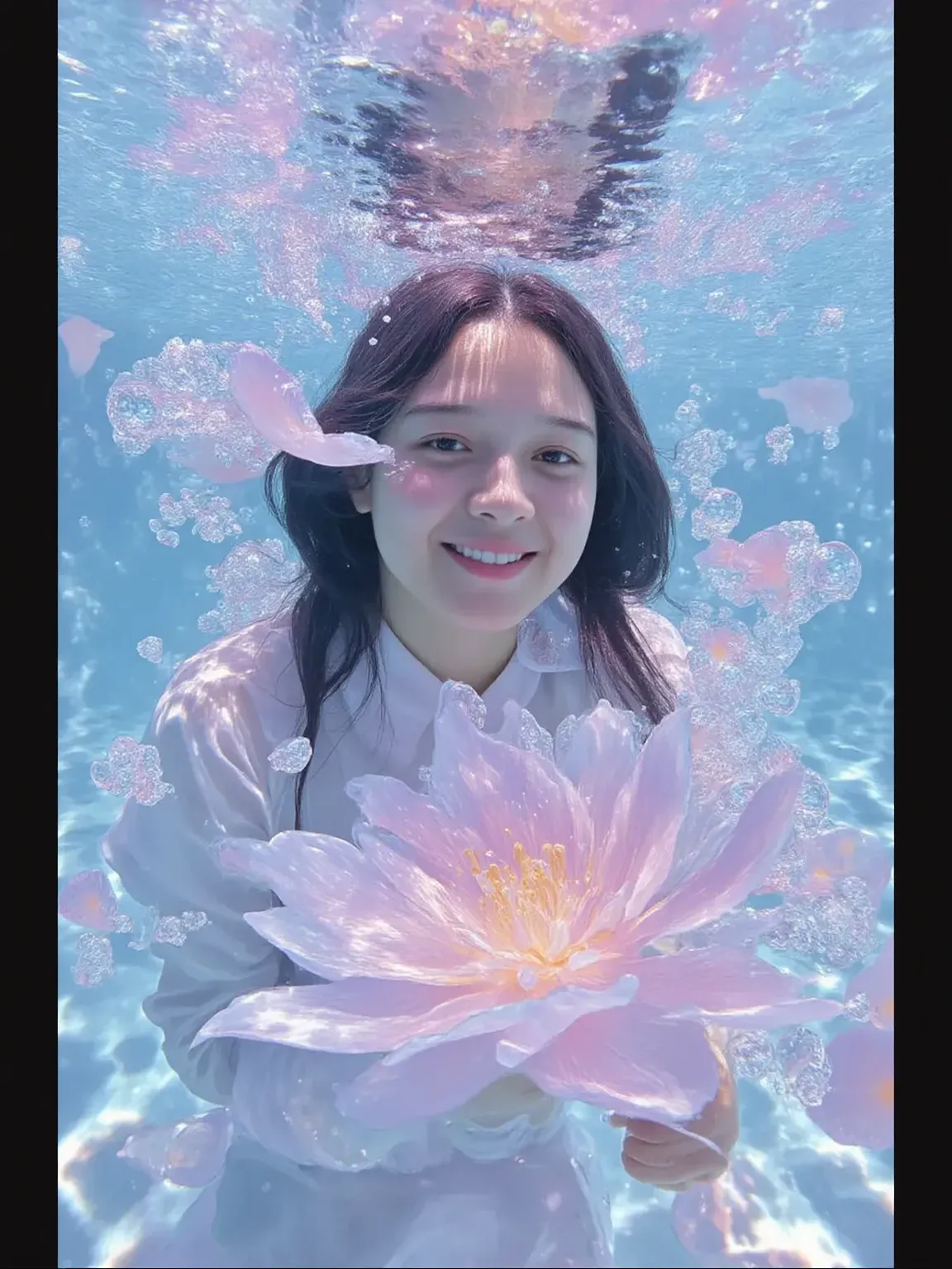 a woman sitting in a swimming pool, water ripples, glowing candles, trees,<lora:Flowering_slider:0>
