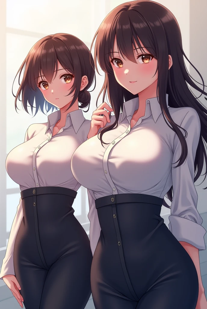 large breast,(button gap:1.1)there is a woman dressed in a business outfit that is holding a book, 1girl, breasts, solo, skirt, brown hair, huge breasts, pantyhose, looking at viewer, shirt, brown eyes,