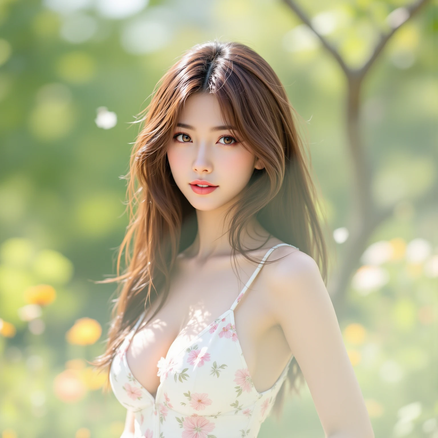 (editorial photograph of a 17 year old woman like jennie kim face), perfect tiny pointed nose, perfect sexy lip, (highly detailed face:1.4) (smile:0.7) (hyper bright white skin)(tight H CUP breasts size), (happy), wearing floral print summer dress , standing up at blue river, (POV, by lee jeffries, nikon d850, film stock photograph ,4 kodak portrait 400 ,camera f1.6 lens ,rich colors ,hyper realistic ,lifelike texture, dramatic super bright lighting ,