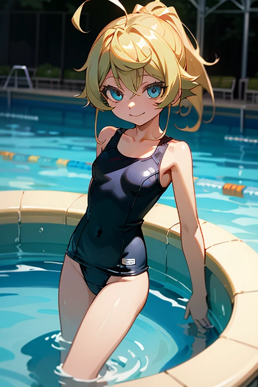 (Unity 16K Wallpaper, Masterpiece, Best Quality, Ultra-Detailed, Extremely Detailed CG, Caustics, Cinematic Lighting, Detailed, Beautiful Detailed Eyes, solo, vivid image quality, brighten the subject, pool side),Ultra High Resolution, fine skin、sexy, (curby), nsfw,(white school swimsuit:1.3), small breasts, smile, cowboyshot, yellow hair, yellow eyes, face up,
