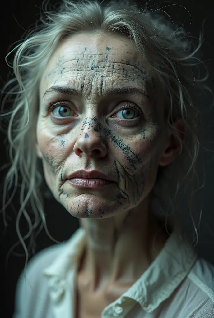 A close-up of an elderly woman, with deep wrinkles and trembling hands, receiving the 666 chip on her right hand from a government official, at a dusty checkpoint in the post-apocalyptic desert