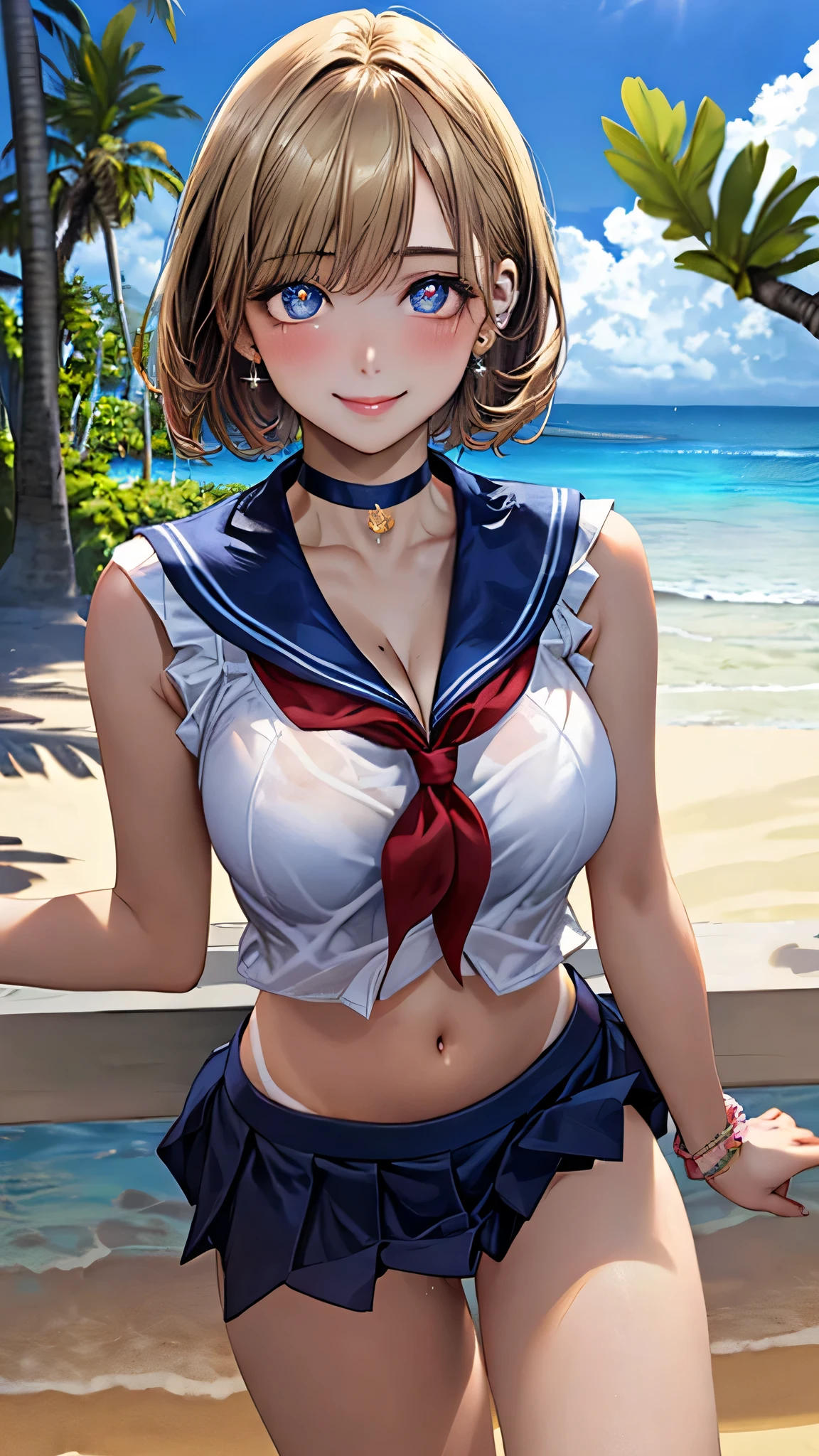 (((toppless))), (((Show off ))), (((Showing off the legs of the spread tread))), (((large full breasts))), (((show off cleavage))), extremely detailed CG unified 8k wallpaper, very fine 8KCG wallpaper, (​masterpiece, Best Quality), High resolution, Ultra-detailed, ultra-sharp, 1 girl, full ,Naked, in beach,  ((( Light sailor shirt, Sleeveless, Open front))), (((Navel ))),  (((Sheer Micro Mini Skirt))),  (Beautiful face, Cute face, Detailed face),  (((Detailed beautiful eyes))), BREAK, (((Sunny))), Perfect Eyes Eyes