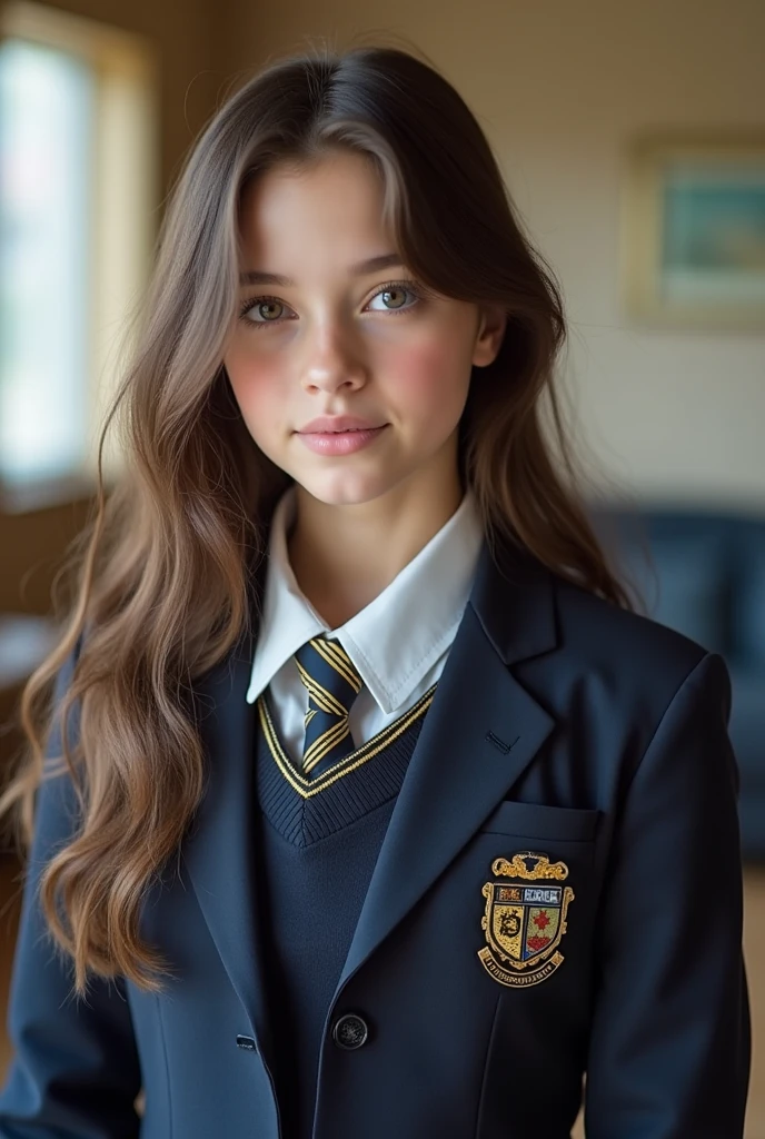 16 year old girl with brown hair, blue eyes and griffindor uniform