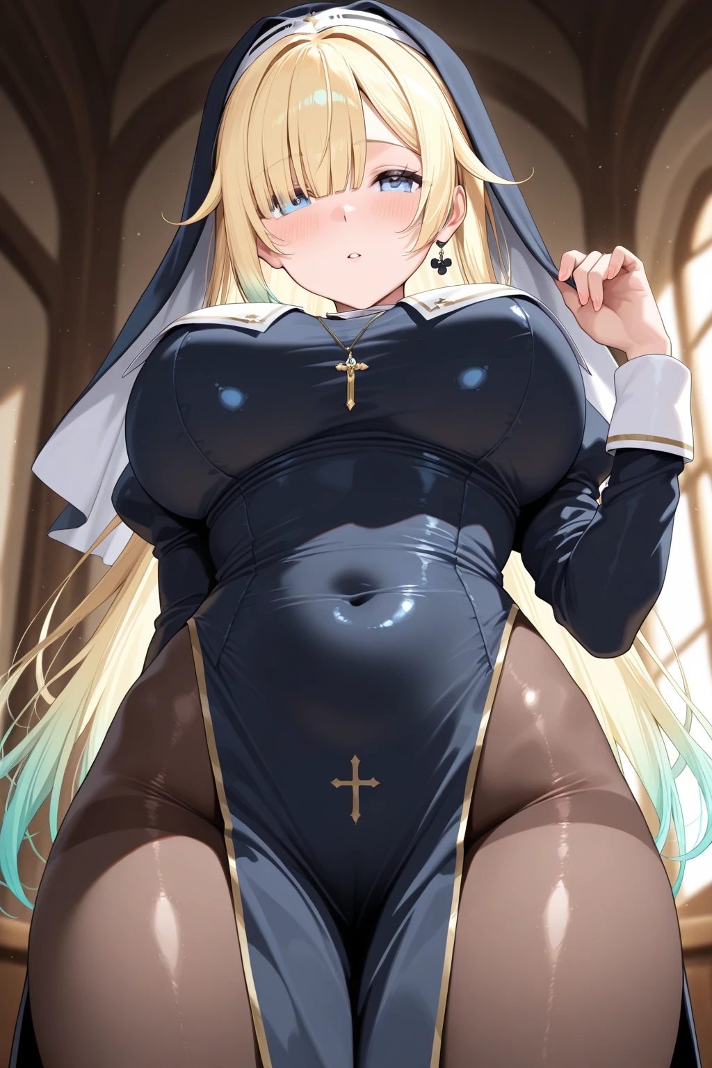 ((Masterpiece)), ((Best Quality)), (Very Detailed), ((Very Detailed)), 4K, (8K), very aesthetic, absurdres highres, 1 woman, (anthropomorphic panda, furry, kemono:1.5), breasts, nun, thighhighs, solo, long hair, blonde hair, white legwear, habit, looking at viewer, large breasts, blush, smile, thighs, long sleeves, sitting, pelvic curtain, covered navel, dress, hair between eyes, open mouth, very long hair, black dress, thick thighs, cleavage, veil, button gap, indoors, brown eyes, pantyhose, wariza, white headwear, window,