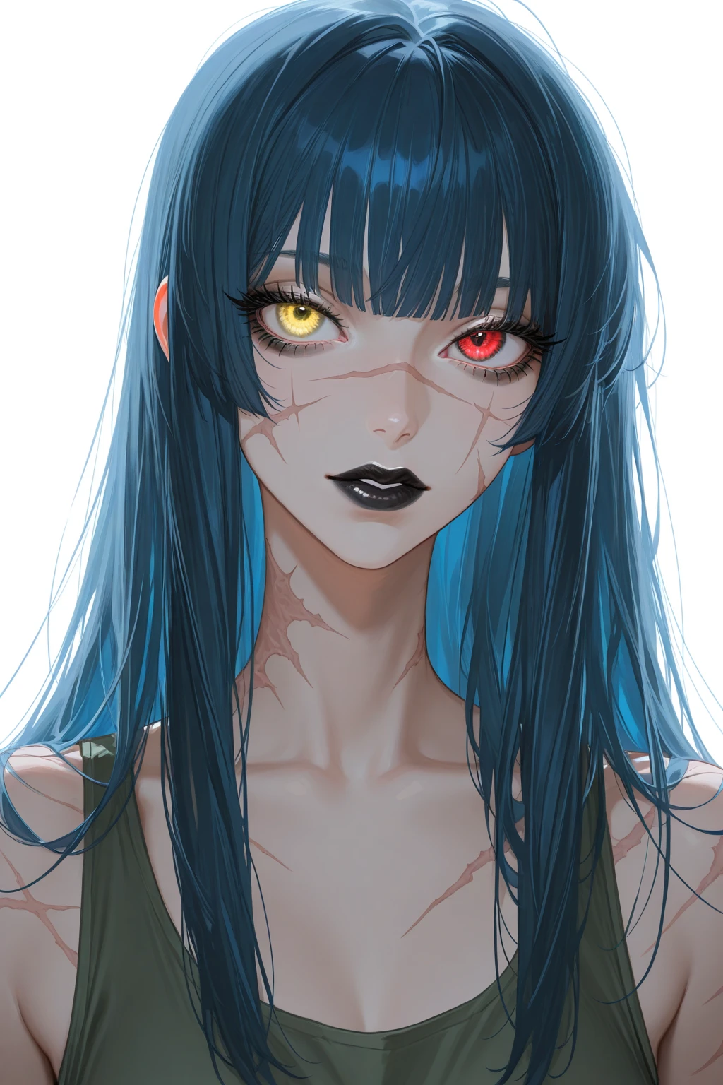 Anime style, a white man with neck and amrs covered with scars, wearing sally face mask, blue long hair, black shirt.