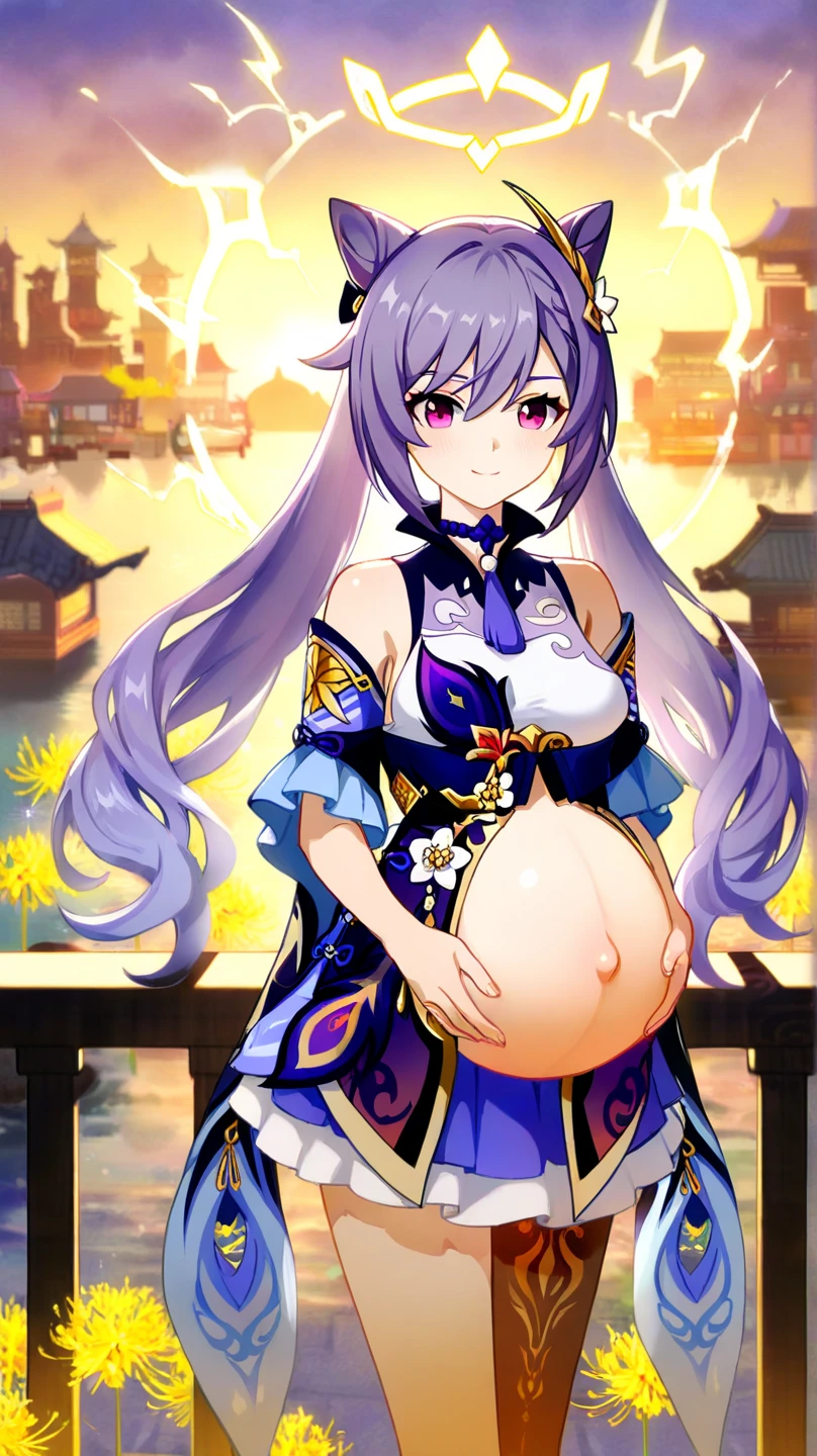 Masterpiece, Best quality, Night, full moon, 1 girl, Mature woman, Chinese style, Ancient China, The beautiful man looked at her pregnant belly and smiled, Big Baby Bump pregnant, Bigboobs, Nippur,Big black balloon big pregnant belly, Big Pregnant girl, Largest Belly of Pregnant, Huge Pregnancy, Huge 60 months gestational belly，Brown hair, Princess cut, Single strips of fried dough twisted braid, Coiled hair, Double ball head, Light pink lips, calm, Intellectual, mid hair, green pupills, Hairpin, hydrangea,
