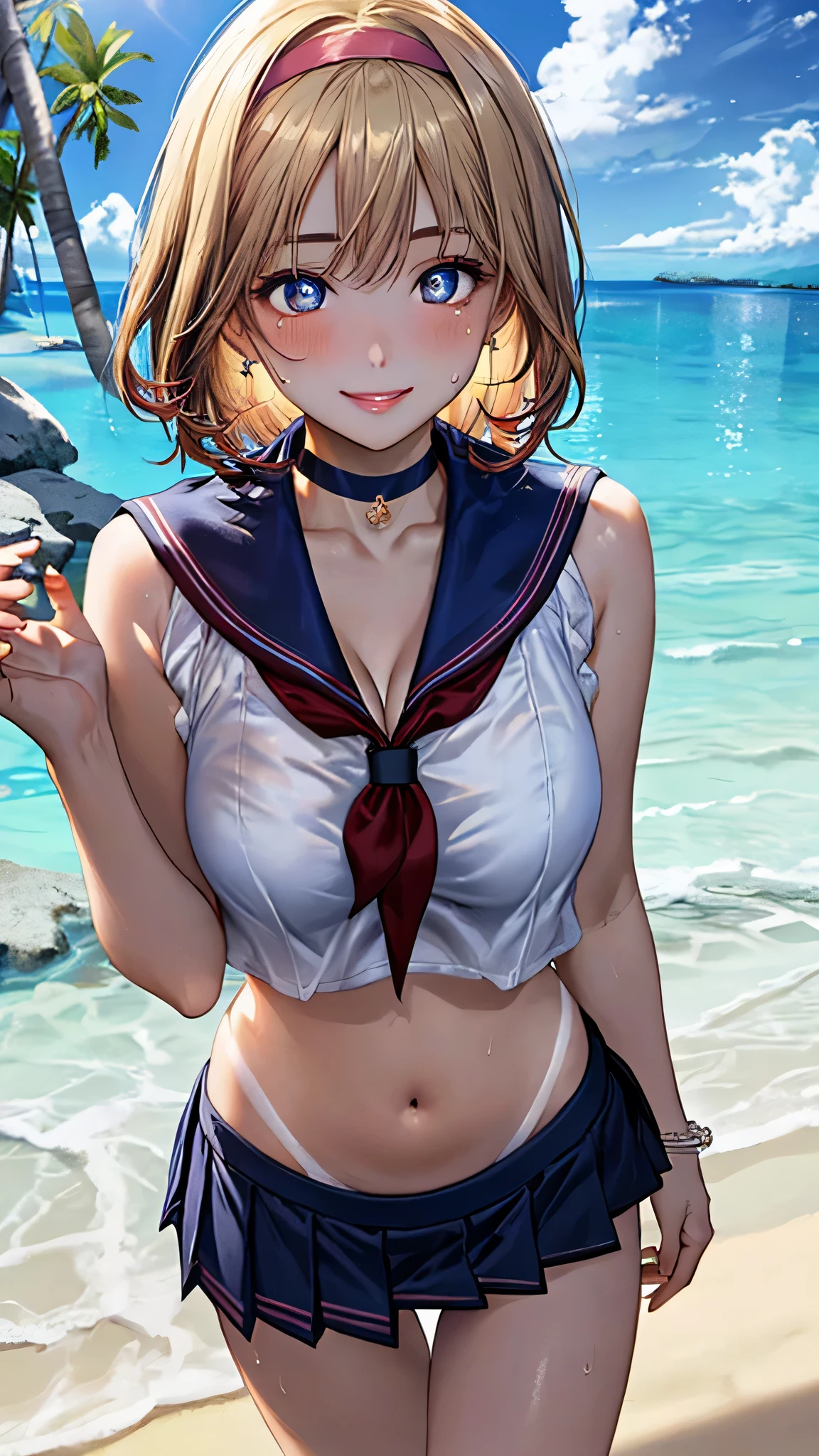 Highest quality,Highest Resolution,Sailor leotard(((2People and above)))A beautiful girl with a crying face,High leg,(((Tback))),Very beautiful eyes,Competition Pool,(((Holding a drink in your hand))),(((Open your mouth))),(((Dripping saliva))),sunny,blue sky,sweat profusely,Red tie,whole body,