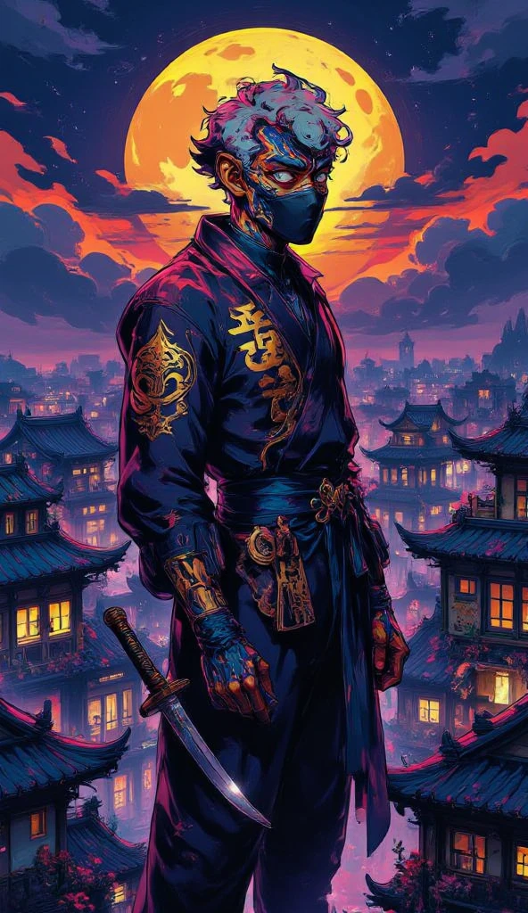Back Tattoo, The ninja's dark night action, on the rooftop under the moonlight, a ninja quietly moves, and the shadow cat tattoo on his back suggests his agility and mystery, like a ghost in the dark night, (masterpiece, best quality, Professional, perfect composition, very aesthetic, absurdres, ultra-detailed, intricate details:1.3)