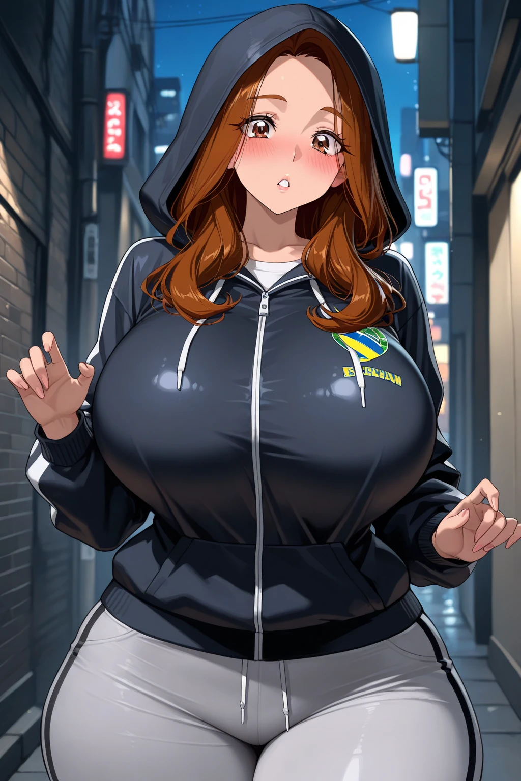 1girl, solo, long hair, breasts, looking at viewer, blush, bangs, large breasts, brown hair, navel, hair between eyes, brown eyes, jewelry, nipples, yellow eyes, heart, nude, multicolored hair, earrings, pussy, choker, virtual youtuber, hood, :o, streaked hair, black choker, ?, hood up, naked jacket, naked hoodie
