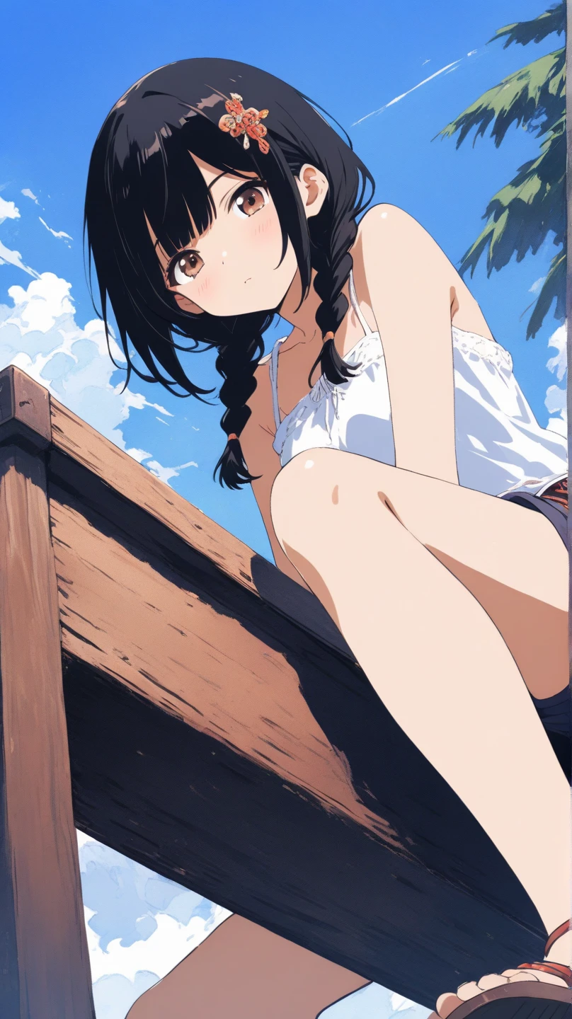(Looking up at the blue sky:1.3), Ocean, sun, Angle looking up from below, (Girl wearing a T-shirt over a bikini:1.1), (big lauth:1.3), (detailed eye:1.3), (Back view:1.3), ponytail, Spread your arms and take a big jump, split knees, Jumping with bent legs, barefoot, arch her back, Uplifting, Disheveled Hair, Tie the bottom of your T-shirt, Wind, Hold down the straw hat, correct left and right hands