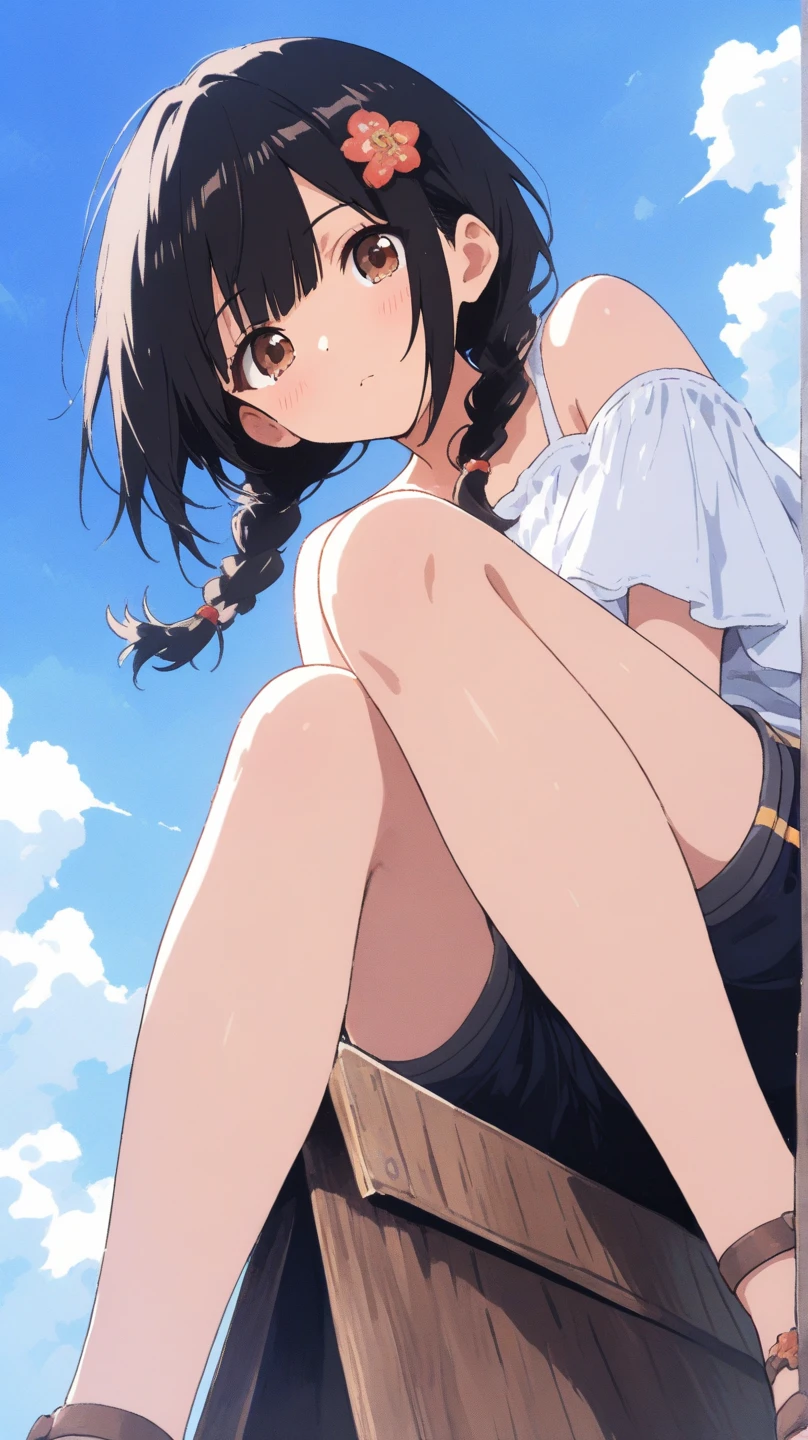 highest quality, masterpiece, Wallpapers by Unity 8k, (One Girl) , 17 years old、1girl,、Flat Chest、Short T-shirt、under boob、from below, blue sky、Outdoor、Upper Body