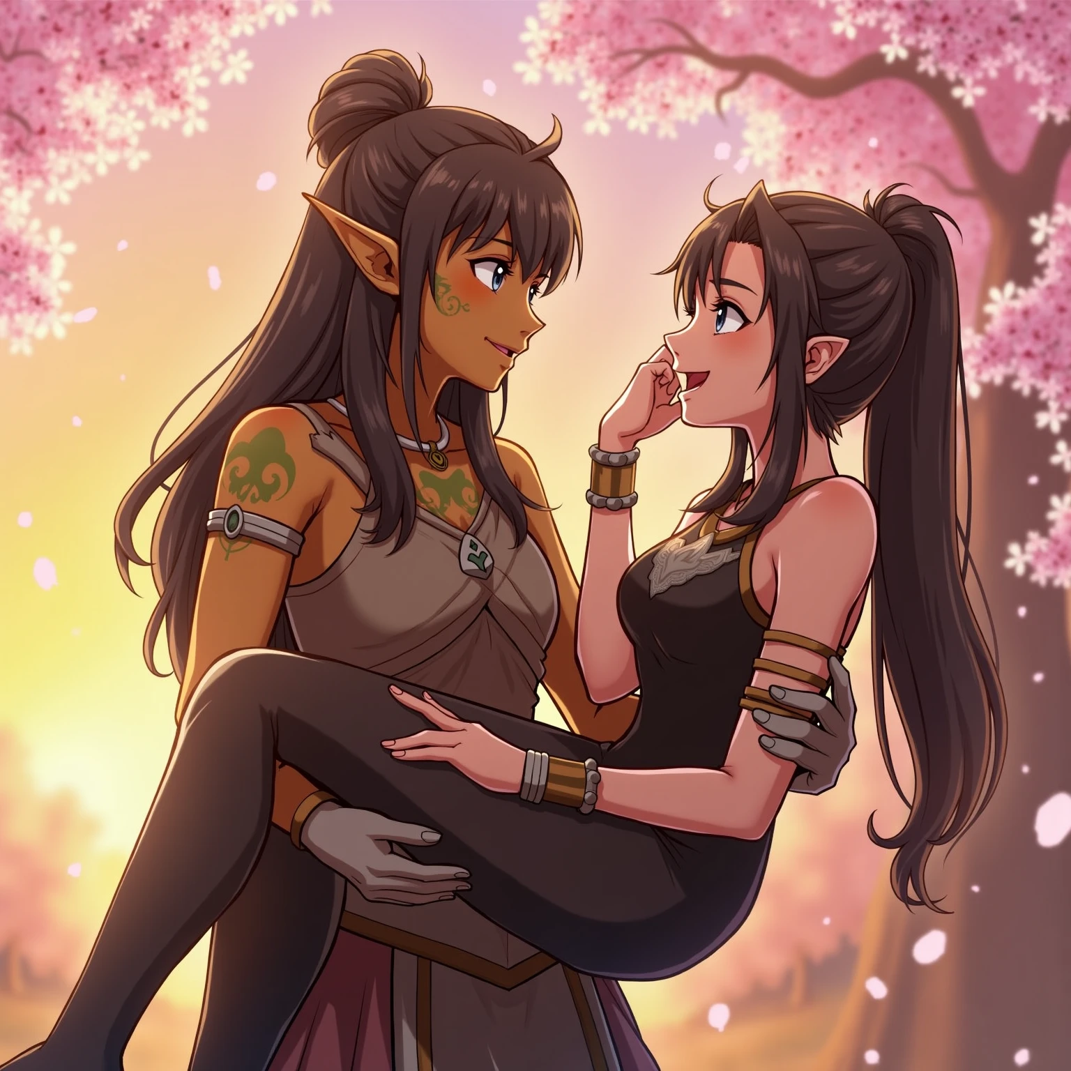 Ying, pointy ears, long black hair, eyeshadow , upper body, ponytail, dress,
jewelry smile, happy, kissing cheek,
2girls, twin sisters,
lake, waterfall, morning, (insanely detailed, beautiful detailed face, masterpiece, best quality) cinematic lighting,
<lora:Ying-10v6:0.7>