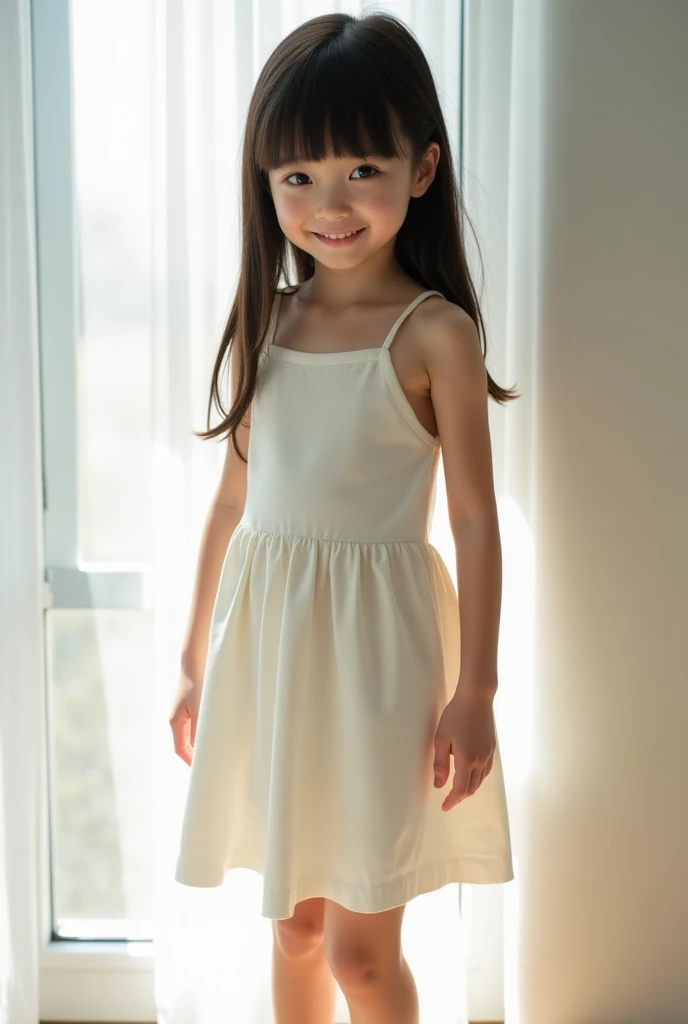 8-year-old girl,delicate,Extremely small breasts,Neat,Cute outfit,Inside the shooting studio,The light makes the clothes transparent,Summer Dresses,separate,Quite short in length,My belly is visible,Low rise,A beautiful light pink outfit,Tank top,Micro mini chiffon skirt,Micro Mini Skirt,Lace hem,Lace on the chest,ribbon,Medium-long hair,Cute sandals,Cinematic lighting,Natural smile,Natural pose,Reader model for children's fashion magazine,